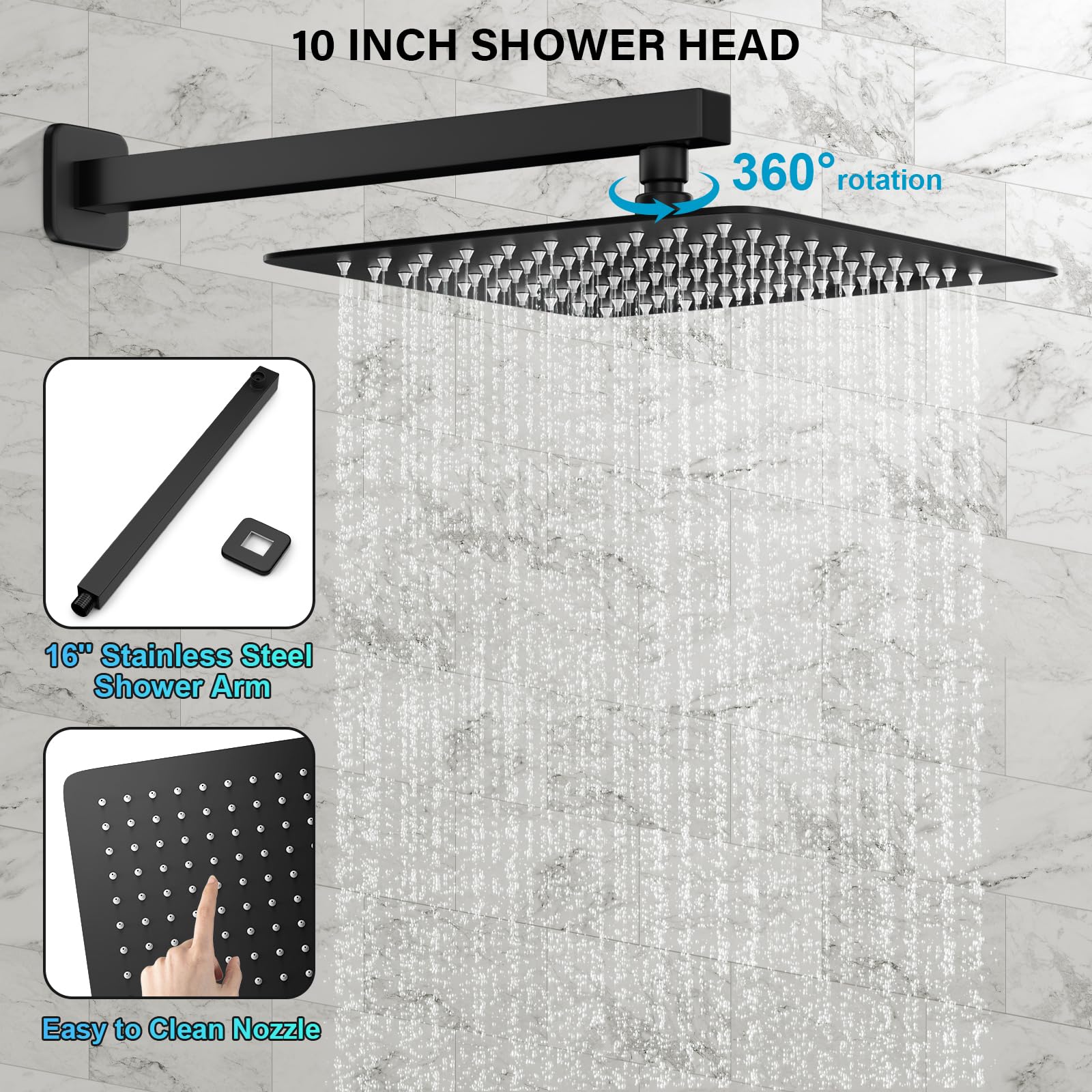 Premium Matte Black Shower Faucet Set - 10 Inch Rainfall Shower System with Wall Mounted Shower Head & Handle - Full Metal Trim Repair Kit (Includes Shower Valve) for Luxurious Bathroom Upgrade & Spa-Like Experience