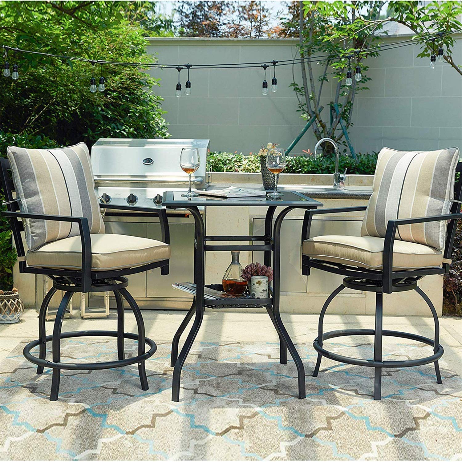 **3-Piece Outdoor Bistro Set - Swivel Bar Stools with Yard Armrests & Glass Top Table - All-Weather Steel Frame Patio Furniture for Backyard, Garden, or Poolside Dining**