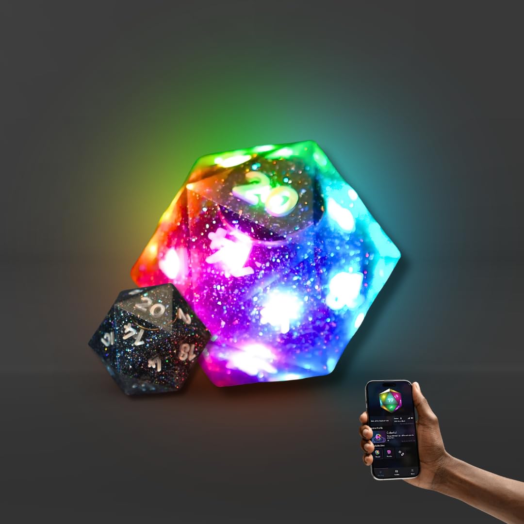 RGB Polyhedral Electronic Dice - D20 (Midnight Galaxy) with App-Controlled Light Effects & Sound, Wireless Charging, Bluetooth VTT Connectivity - Perfect for DND, RPG Games and Tabletop Adventures