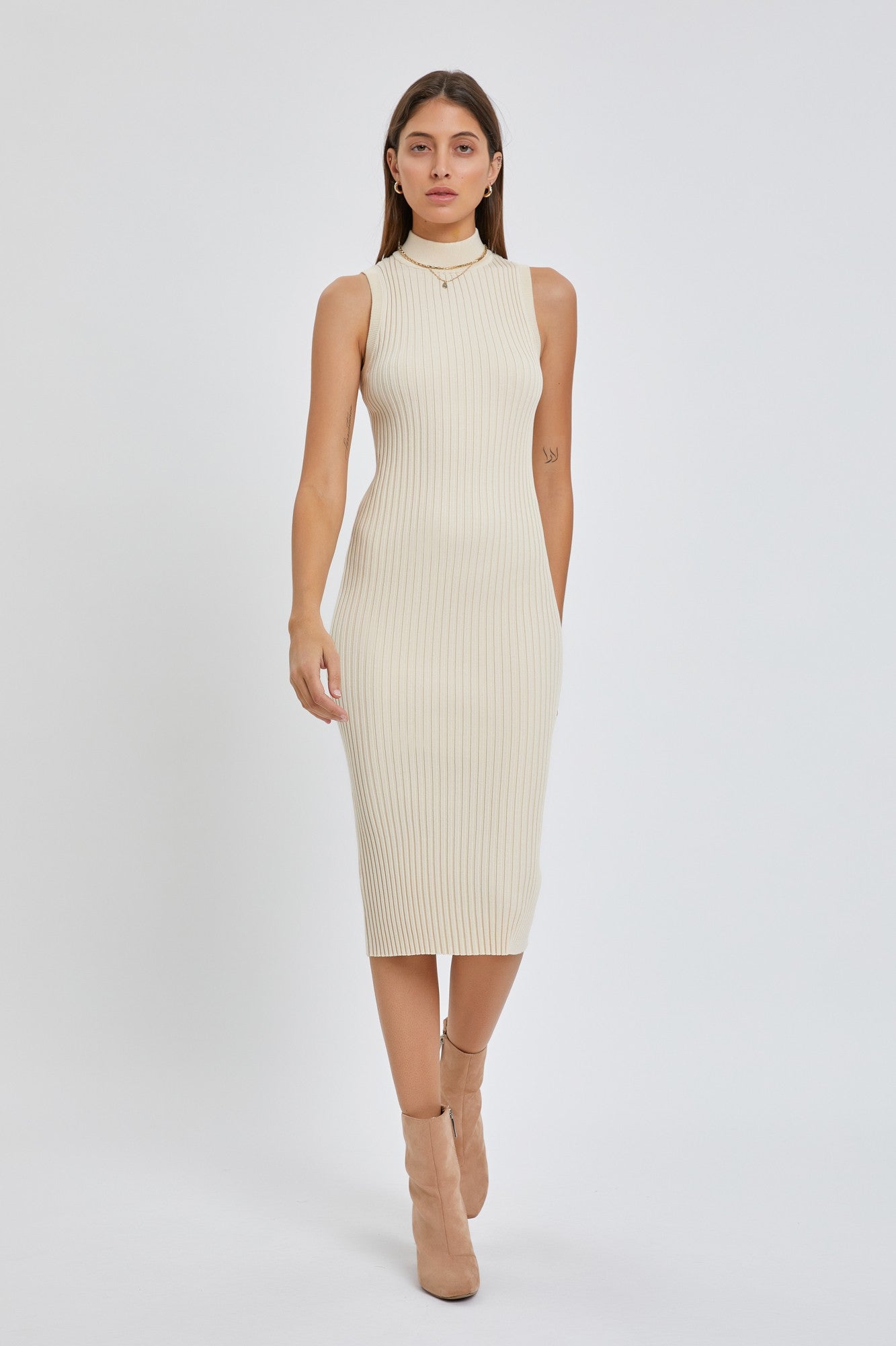 Beige Ribbed Fitted Mock Neck Maternity Dress - Stretchy Pregnancy Bodycon Dress for Women | Perfect for Baby Showers, Maternity Photos & Special Occasions