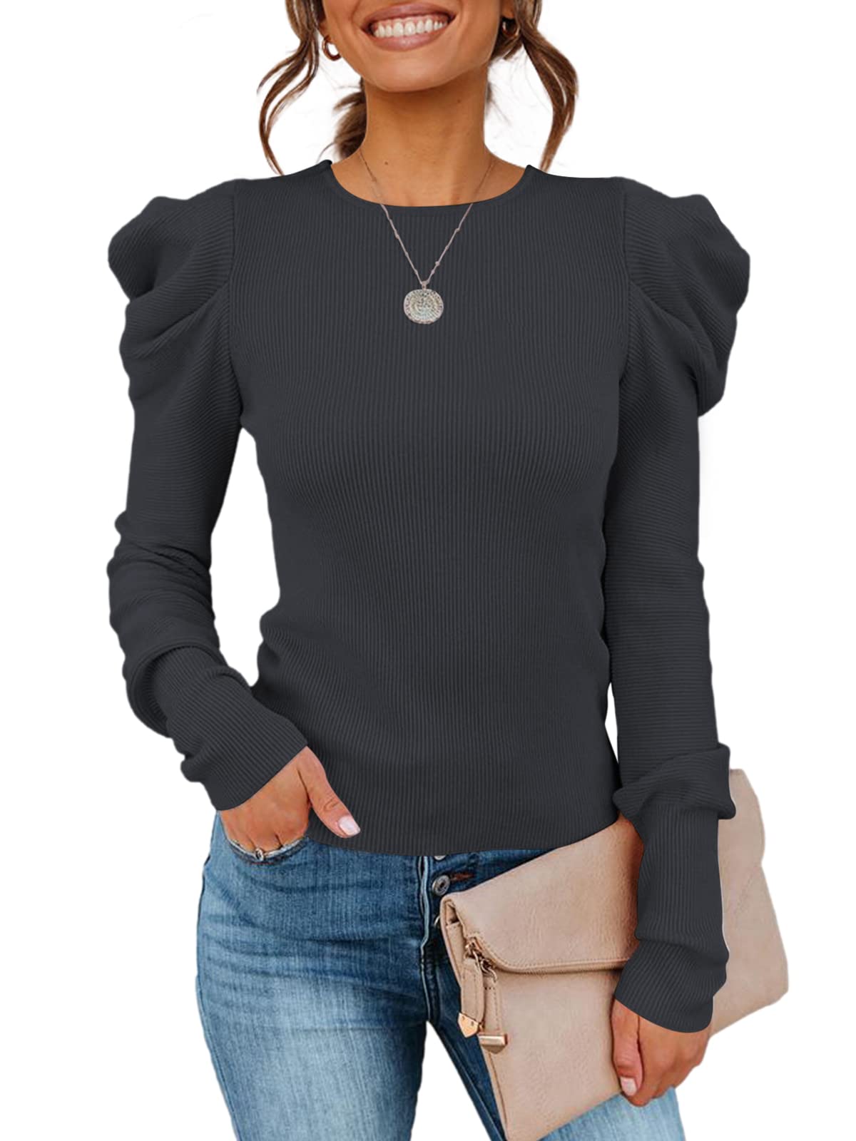 SENSERISE Women's Long Puff Sleeve Pullover Sweater - Crew Neck Casual Slim Fit Knit Jumper Top for Fall Winter Fashion, Office Wear & Daily Outfits