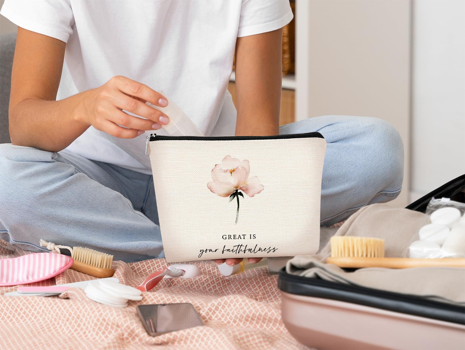 Christian Bible Scripture 'Great is Your Faithfulness' Makeup Bag - Watercolor Pink Flower Cosmetic Pouch with Zipper for Travel & Toiletry | Inspirational Christian Gifts for Women | Perfect for Church, Bible Study & Daily Devotion
