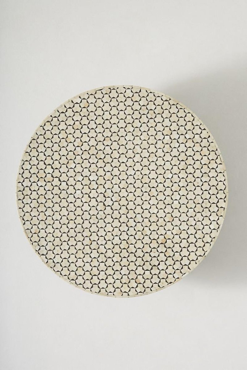 Handmade Bone Inlay Moroccan Round Coffee Table with Brass Base - Boho Chic Living Room Furniture for Home Decor, Perfect for Lounge, Salon and Office Use