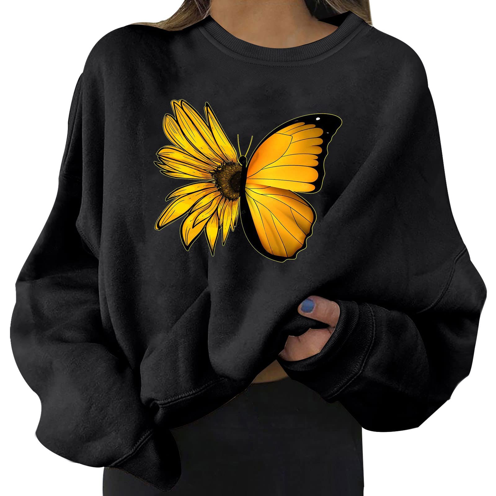 Women's Long Sleeve Graphic T-Shirt - Drop Shoulder V-Neck Casual Loose Basic Tee Top in Black | Perfect for Fall Outfits, Everyday Wear & Layering