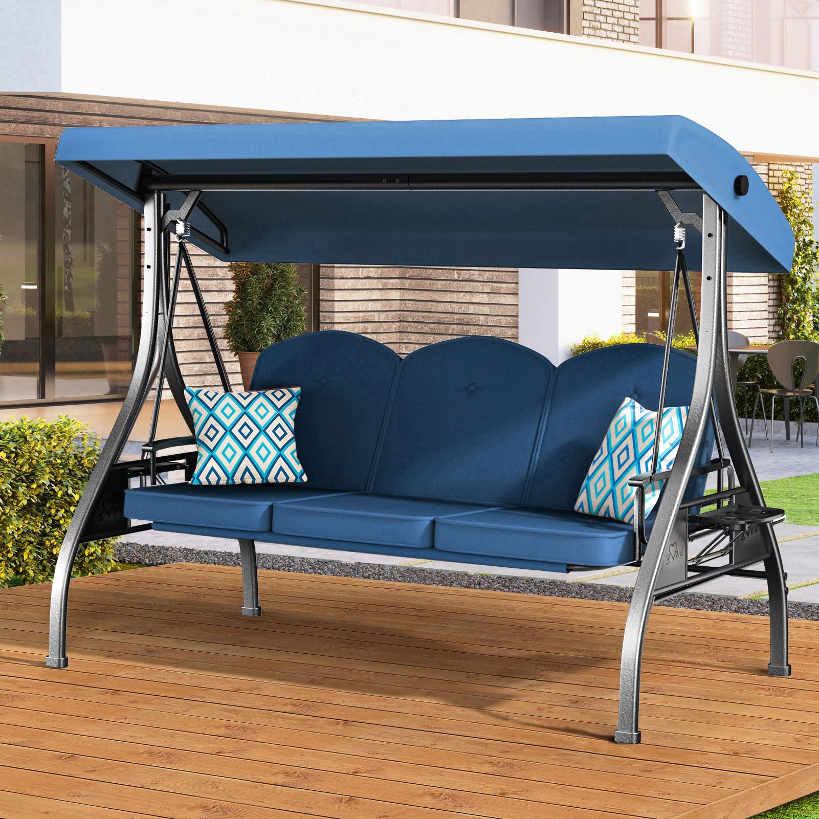 3-Seat Outdoor Porch Swing - 800lb Capacity 2-in-1 Patio Glider Chair with Adjustable Canopy & Removable Cushions - Heavy Duty Square Tube Stand for Yard, Garden, Deck or Backyard Relaxation (Blue)