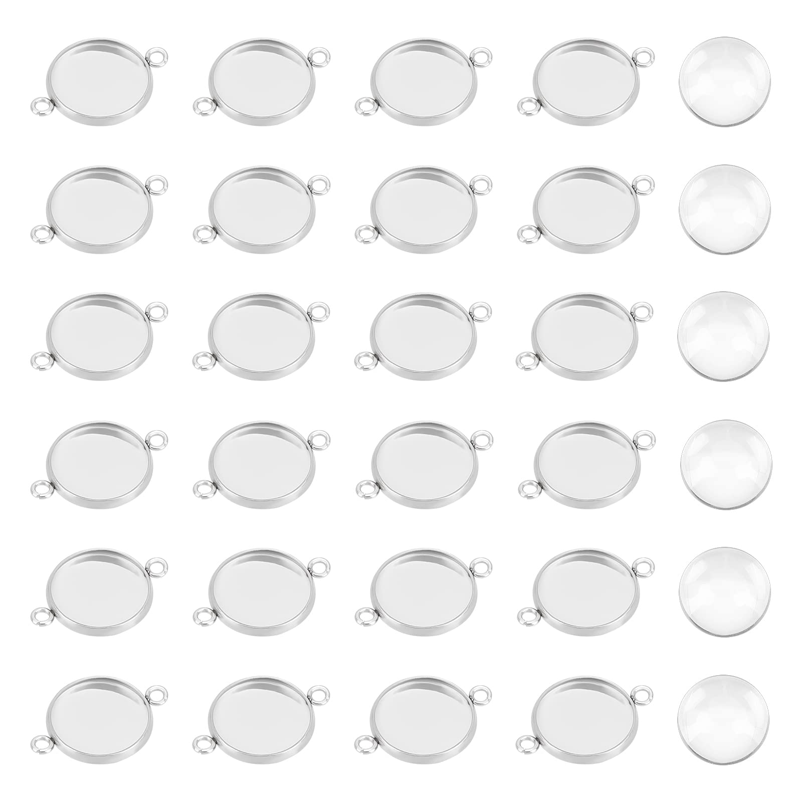 100pcs 12mm Stainless Steel Round Connectors with Clear Glass Cabochons - Jewelry Making Bezel Pendant Trays & Charm Links (19.5x14x2mm, 2mm Hole) - DIY Necklace, Bracelet & Earring Components - Perfect for Handmade Jewelry Crafting & Gift Making
