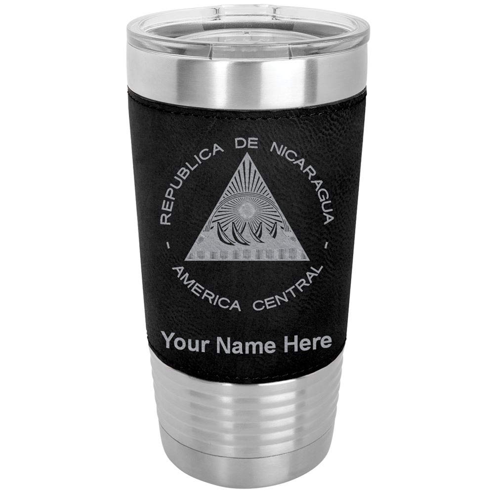 LaserGram 20oz Vacuum Insulated Stainless Steel Tumbler Mug with Nicaraguan Flag Design - Personalized Engraving & Faux Leather Lid - Keeps Drinks Hot/Cold for Hours - Perfect for Travel, Office & Outdoor Activities