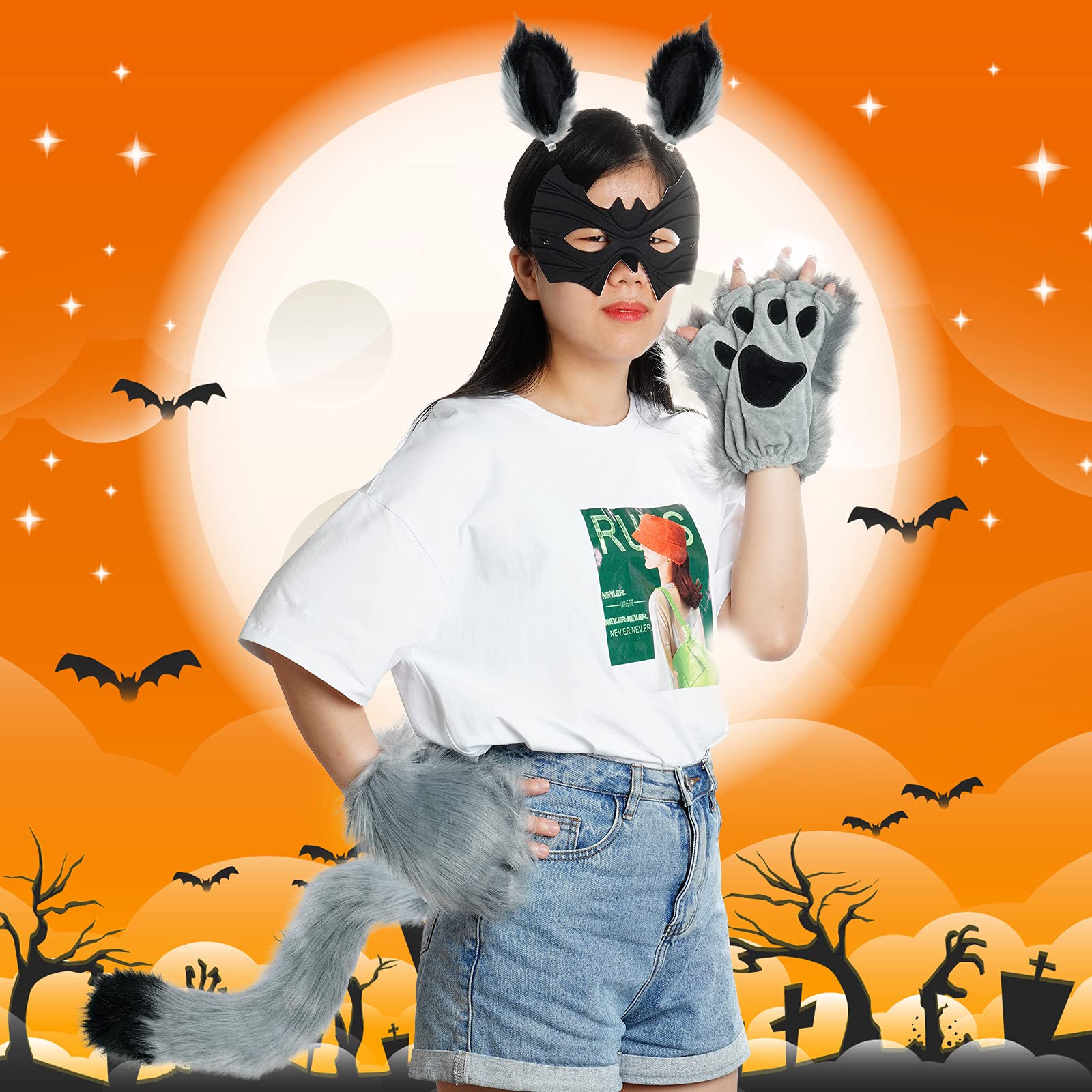 Faux Fur Wolf Fox Tail Hair Clips with Ears & Gloves Set - Halloween Christmas Cosplay Costume Accessories for Party Dress Up, Cosplay, and Themed Events
