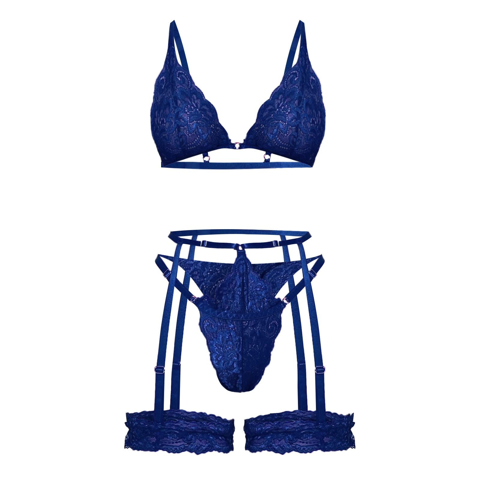 Sexy Lace Lingerie Set for Women - V-Neck Bra, Thong & Garter Belt Underwear Pajama Suit (Blue, Size S) | Perfect for Valentine's Day, Honeymoon & Romantic Nights