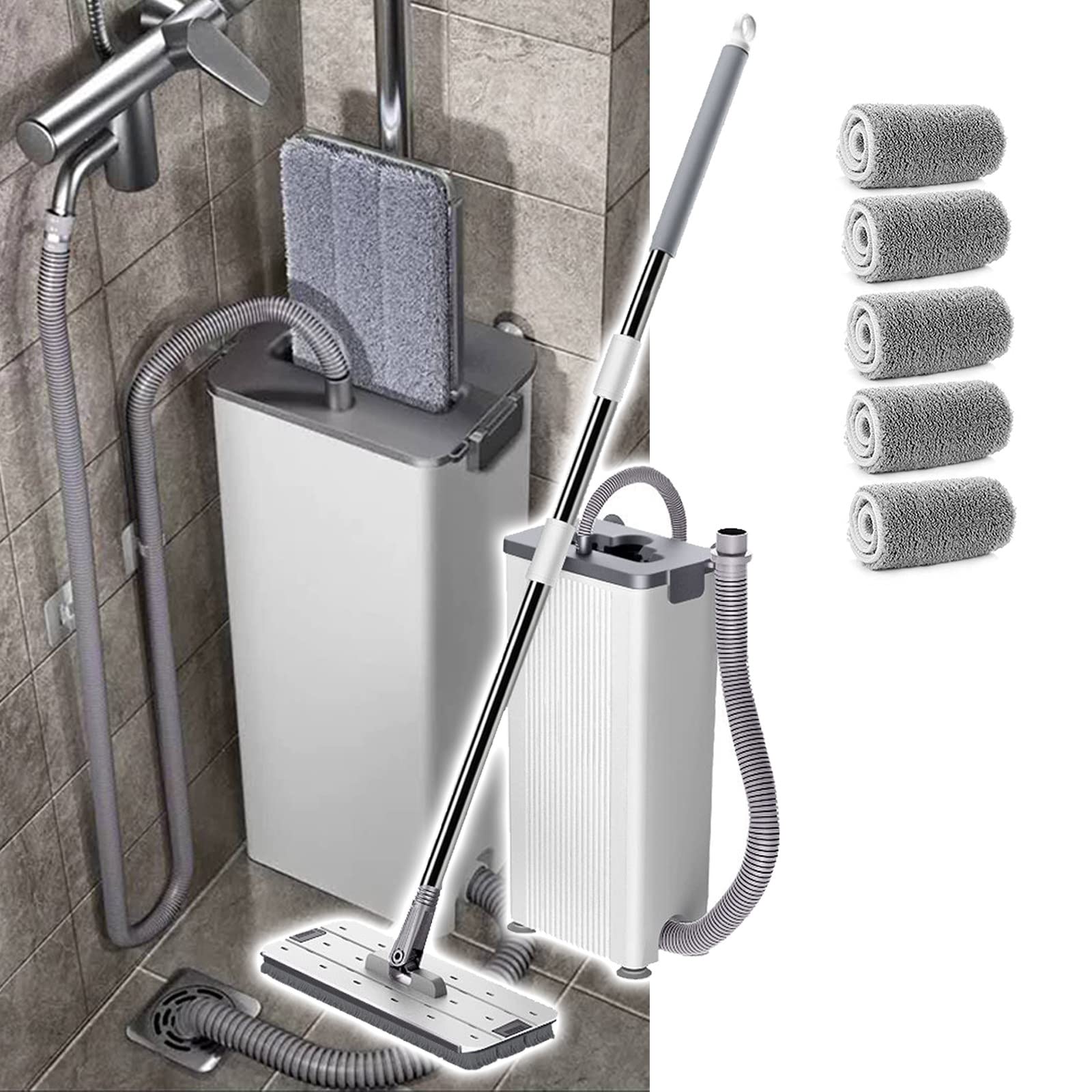 Upgraded Self-Cleaning Microfiber Mop and Bucket Set with 100 Disinfection Tablets - Wet & Dry Floor Mop with Stainless Steel Handle for Hardwood, Tile, Wall and Glass Cleaning - Perfect for Home, Office and Commercial Use