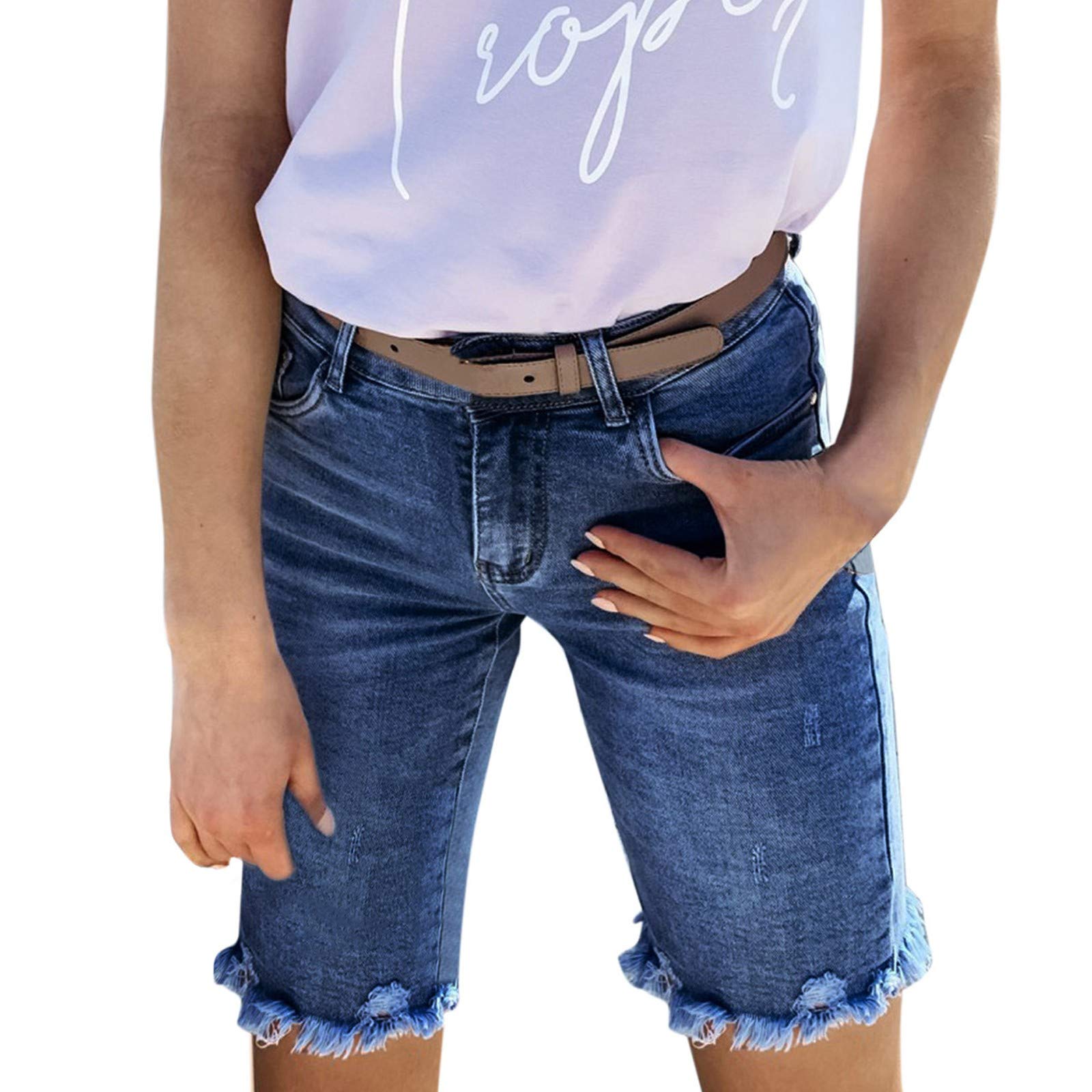 Women's High Waist Stretch Denim Shorts - Raw Hem Ripped Design with Pockets | Plus Size Active Athletic Performance Dry-Fit Shorts with Zipper Pockets | Perfect for Casual Wear, Summer Outfits & Street Style Fashion