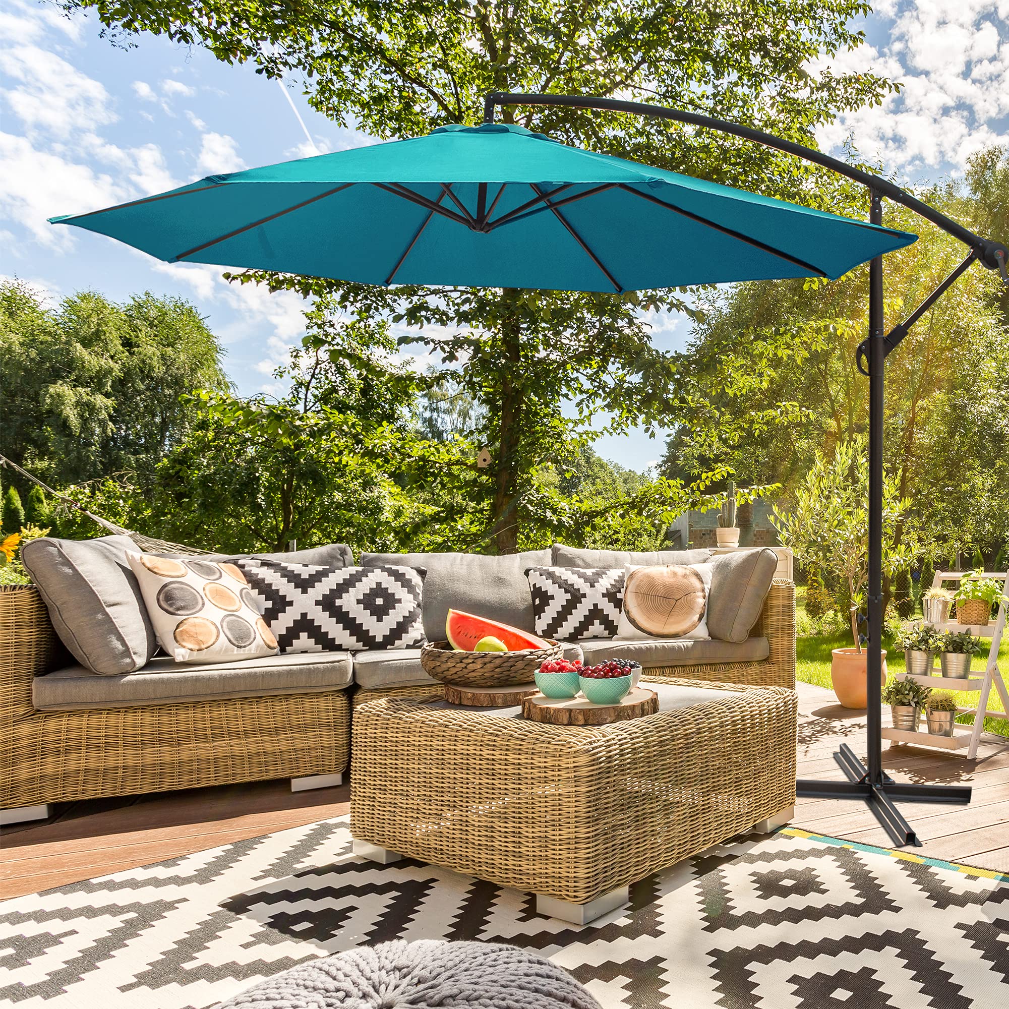 10FT Offset Cantilever Patio Umbrella with Crank & Cross Base - Turquoise Outdoor Market Umbrella for Backyard, Poolside, Garden - Perfect for Shade by LAUREL CANYON