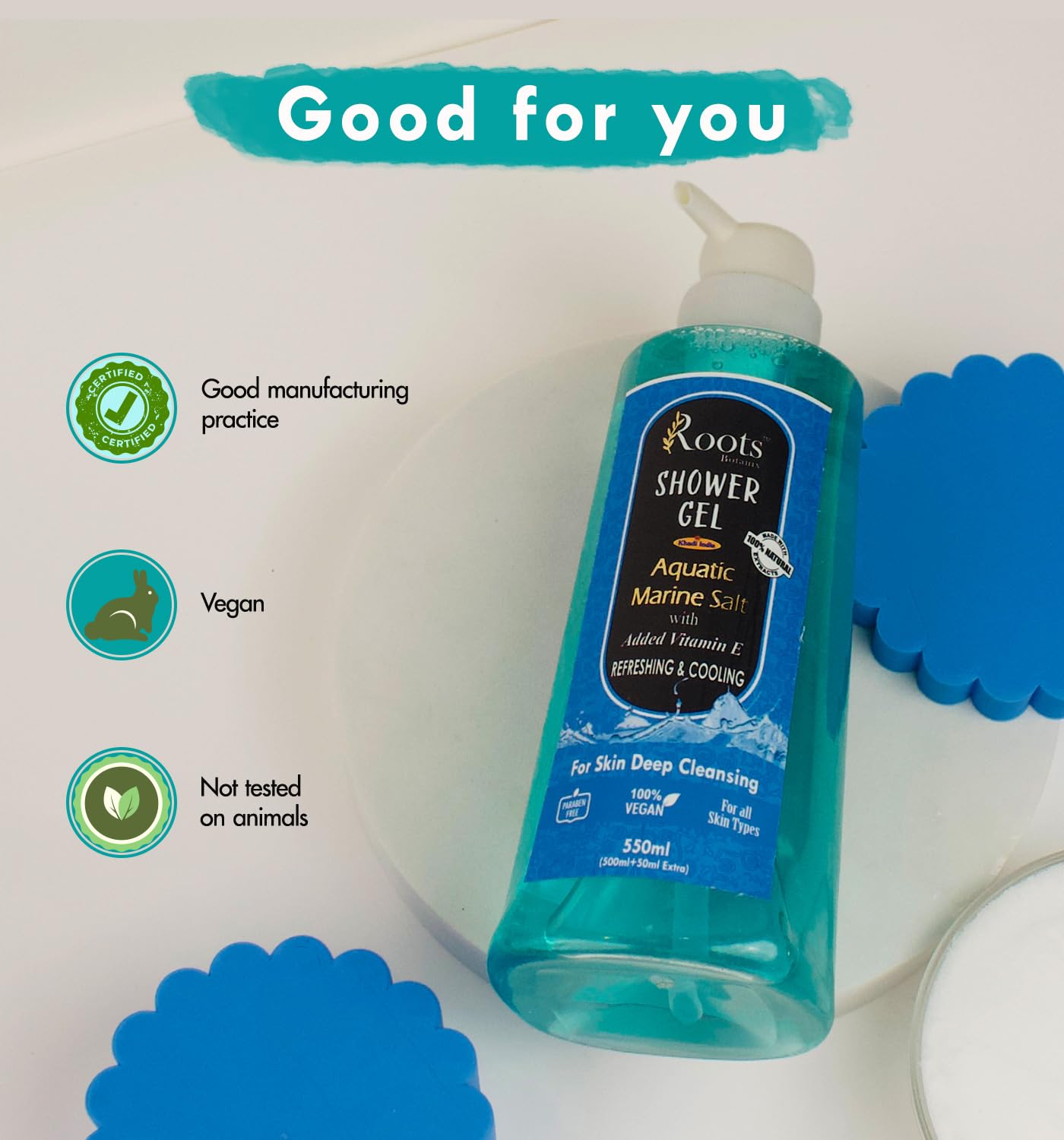 Roots Botanix Sea Mineral Body Wash - Natural Gel-Based Shower Gel with Sea Minerals, Paraben-Free & Silicone-Free for All Skin Types (550ml) - Hydrating & Gentle Cleansing for Daily Shower & Spa Experience