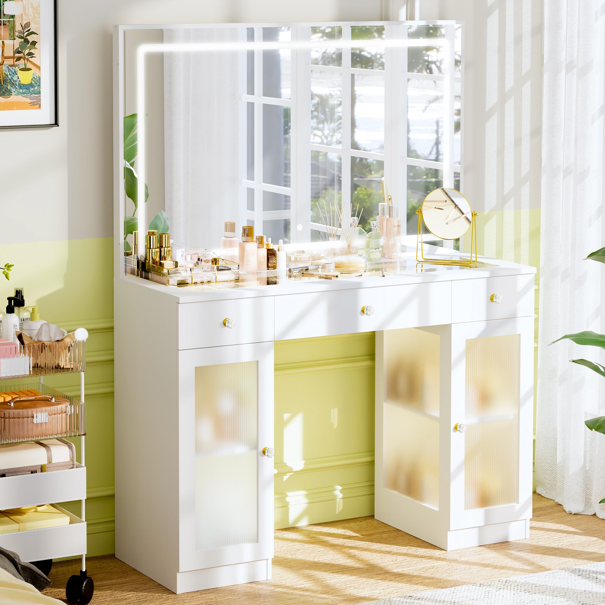 Pamapic White Makeup Vanity Set with Crystal Knobs, Glass Top Dressing Table with LED Mirror & Lights - 3 Color Adjustable Lighting, Built-in Power Outlet, Spacious Drawers & Cabinet, Upgraded Silent Slides - Perfect for Bedroom, Dressing Room & Beauty Salon