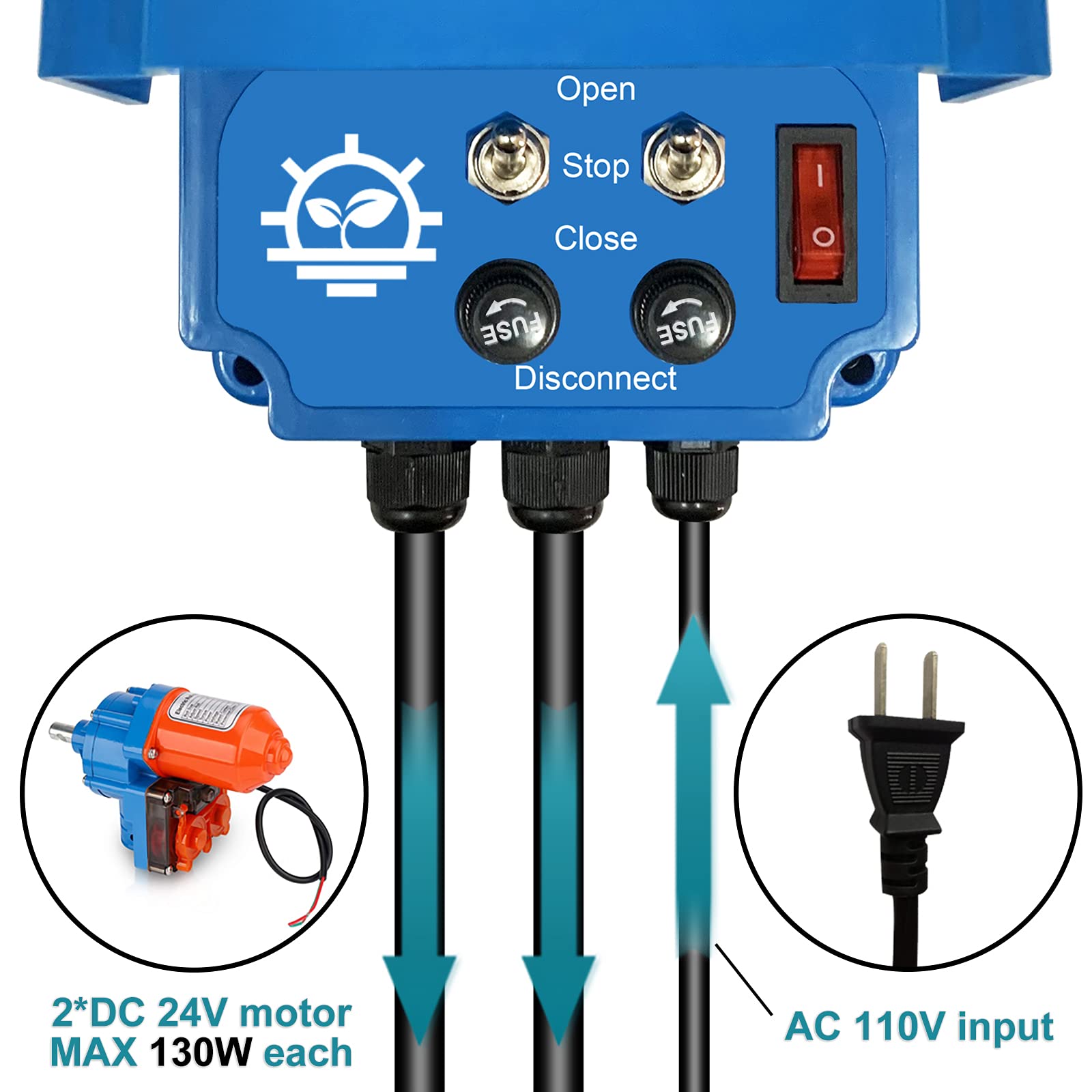 UYGALAXY Greenhouse Roll Up Motor Controller - AC110V to DC24V Transformer, DPDT 3 Position Switch, Forward/Reverse Control for 2 Motors (Blue) - Perfect for Greenhouse Ventilation, Shade Systems & Agricultural Automation