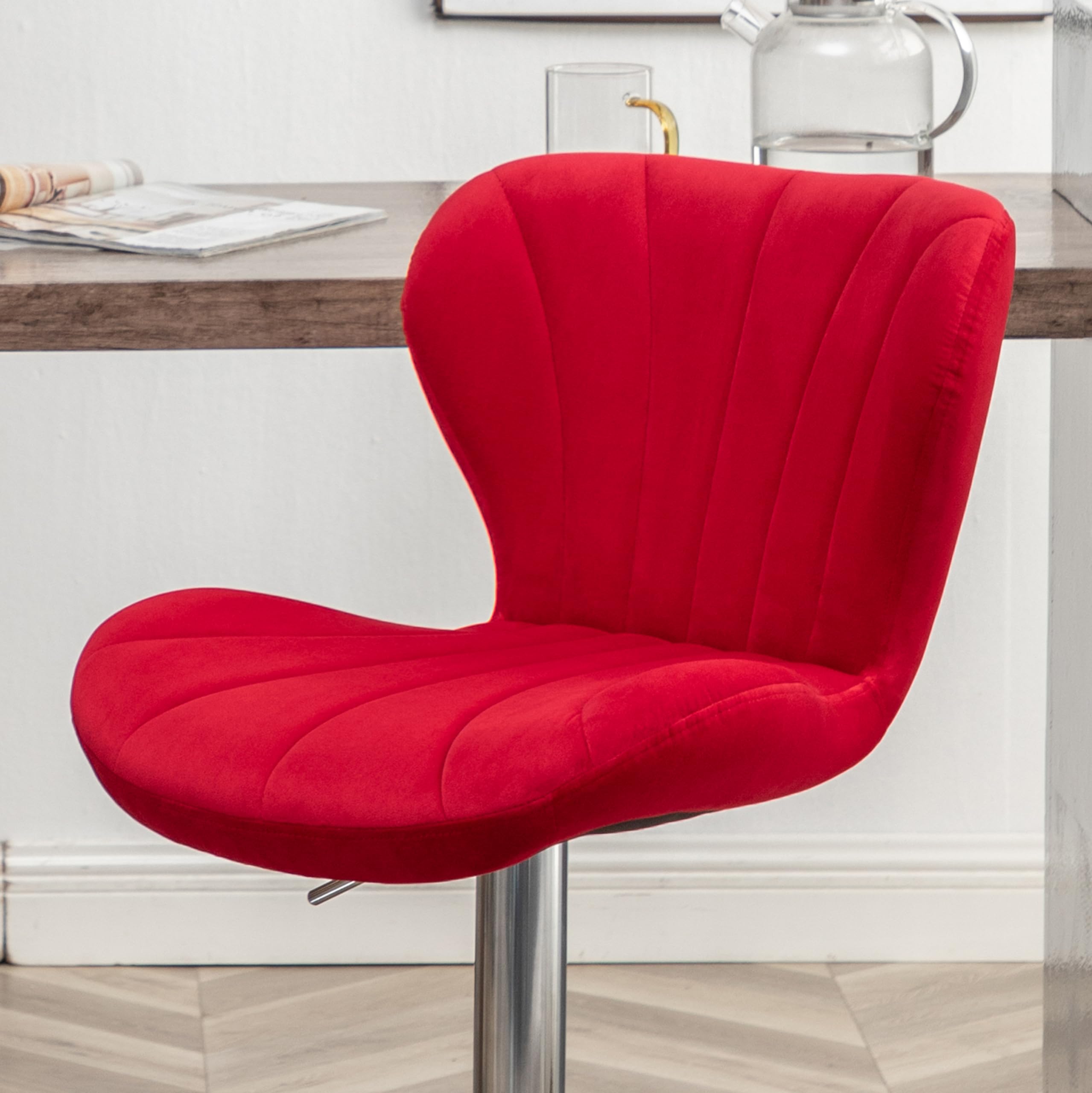 Roundhill Furniture Ellston Velvet Adjustable Swivel Bar Stools - Set of 2, Red Velvet Upholstered Counter Height Stools with Footrest - Perfect for Kitchen Island, Home Bar & Breakfast Nook