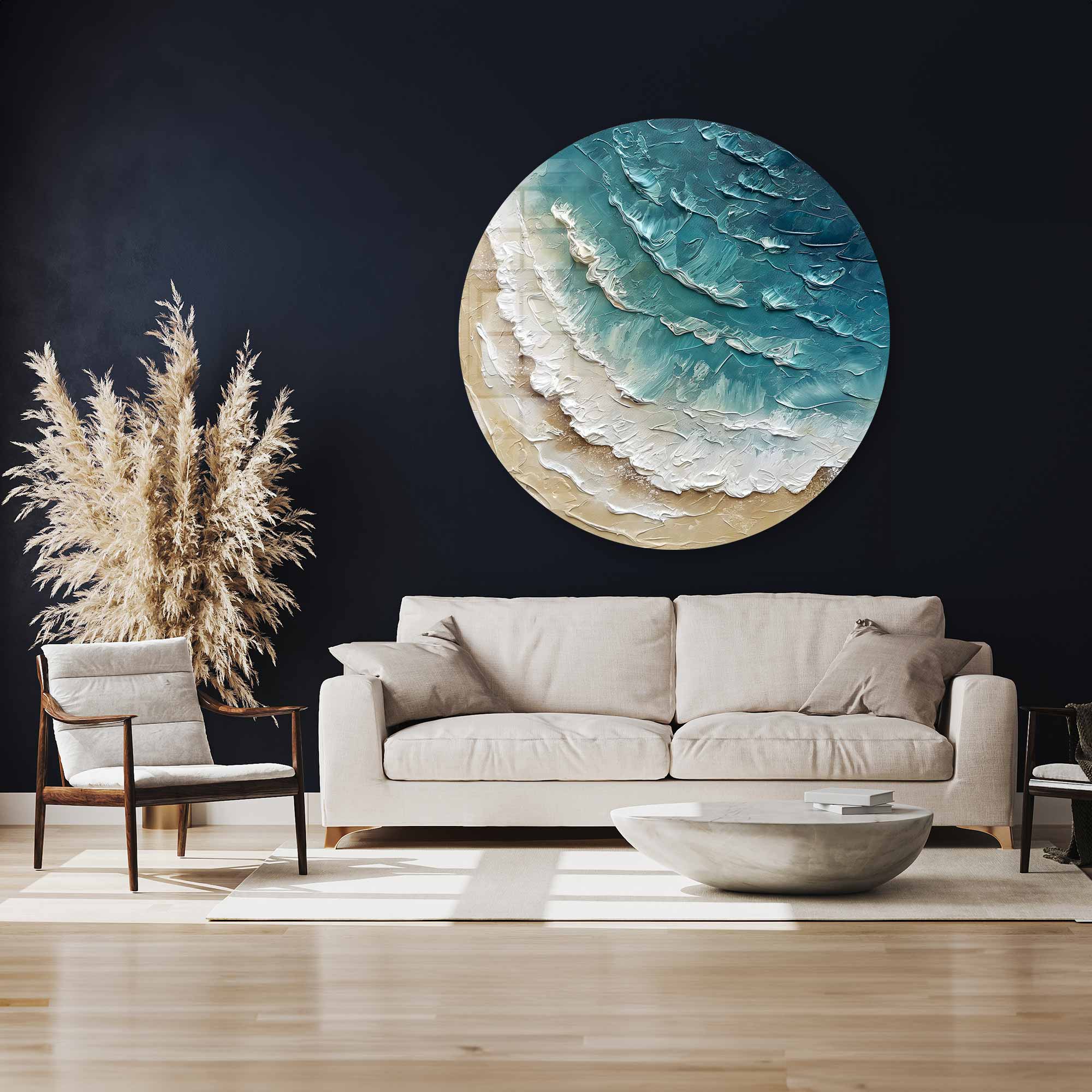 Modern Rounded Glass Wall Art with Ocean Wave Painting - Perfect for Living Room, Bedroom & Office Decor