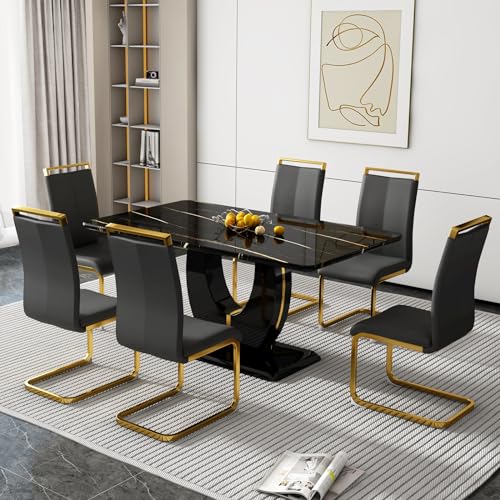 Black Table With 6 Black Golden Chairs