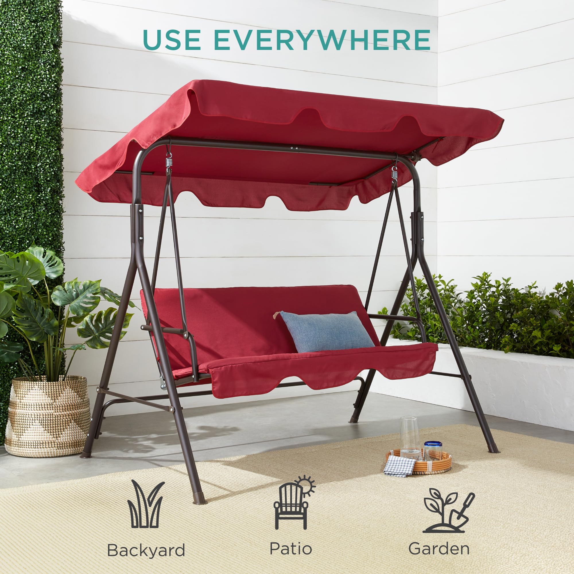 Best Choice Products 2-Person Outdoor Patio Swing Chair with Convertible Canopy - Hanging Glider Porch Bench for Garden, Backyard, Poolside - Adjustable Shade & Removable Burgundy Cushions - Perfect for Relaxing, Lounging and Outdoor Entertaining