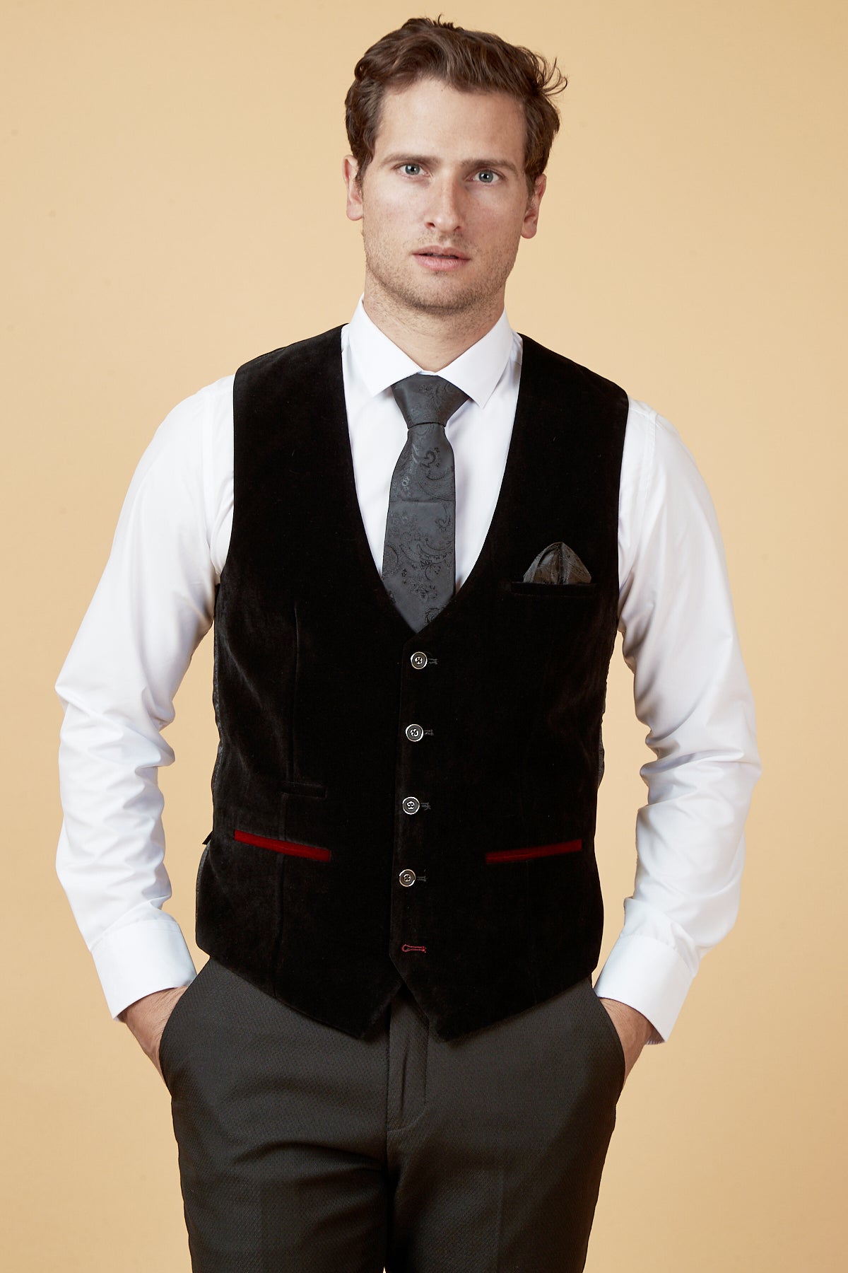 HUDSON Black Velvet Jacquard Waistcoat for Men - Elegant Formal Vest for Weddings, Parties & Special Occasions