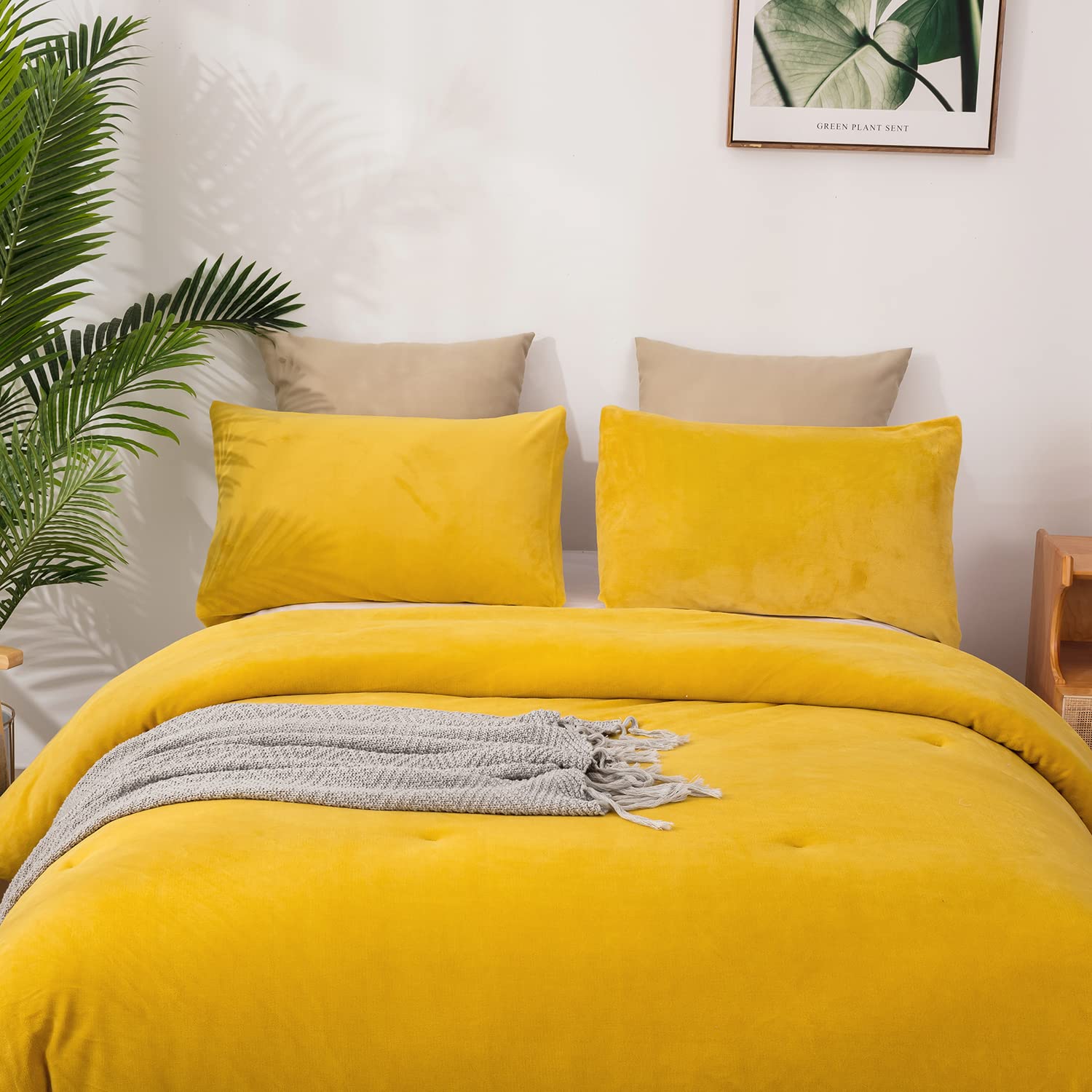 Mustard Yellow Velvet Comforter Set Queen - Plush Flannel & Sherpa Lined Winter Bedding - Heavyweight Micromink Warm Comforter for Women, Men, Adults & Teens - Perfect for Cozy Bedrooms & Cold Weather Nights