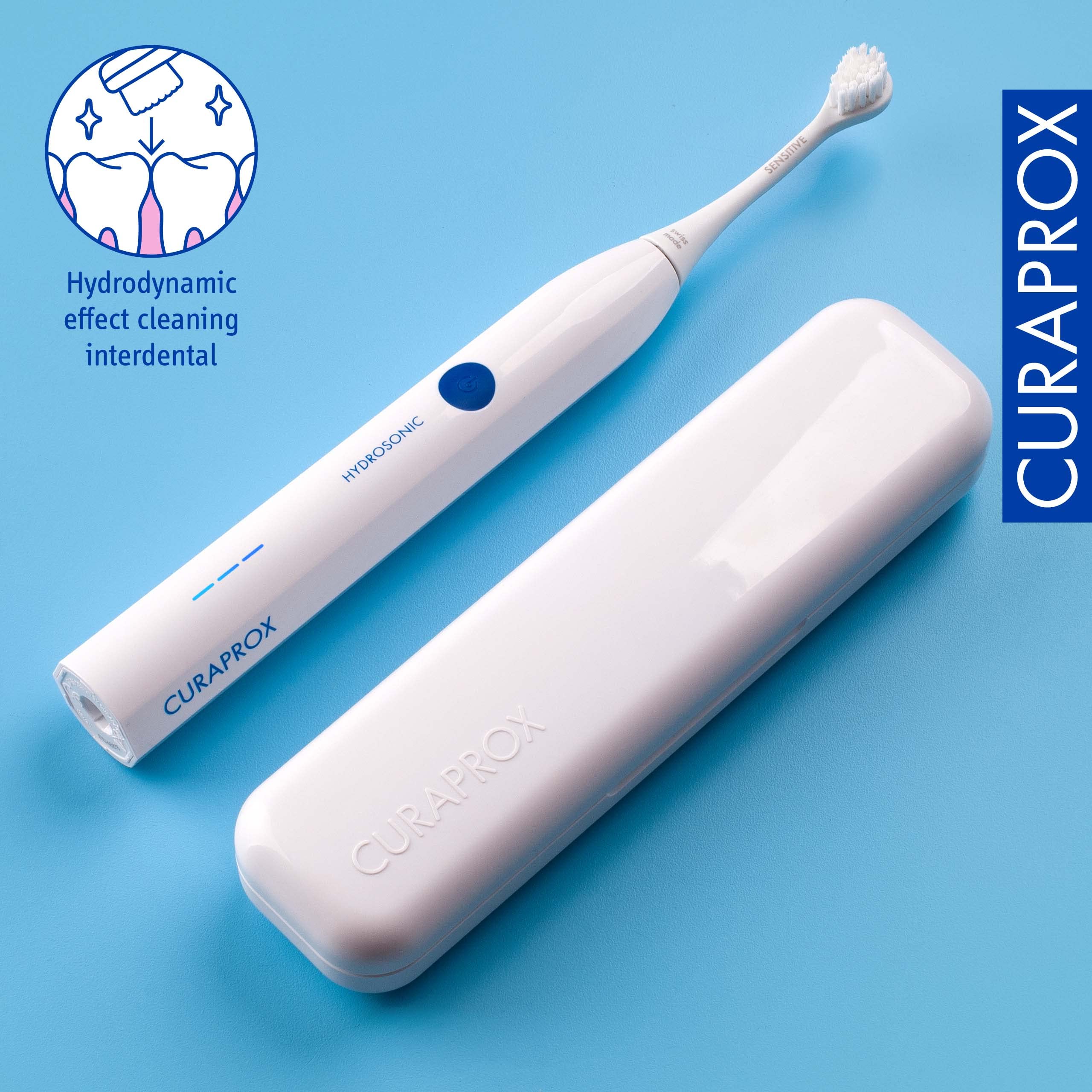 Curaprox Sonic Electric Toothbrush Hydrosonic Easy - 3 Cleaning Modes, 2-Minute Timer, Sensitive Brush Head, Powerful Battery with Charger & Travel Case - Perfect for Home, Travel & Daily Oral Care