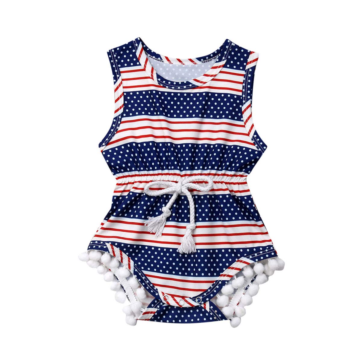 Baby Girl Romper - Sleeveless Tassel Polk Dot Jumpsuit with USA Flag Stripe | Summer Outfit Set for Toddlers & Infants | Perfect for Beach, Playdates & 4th of July Celebrations
