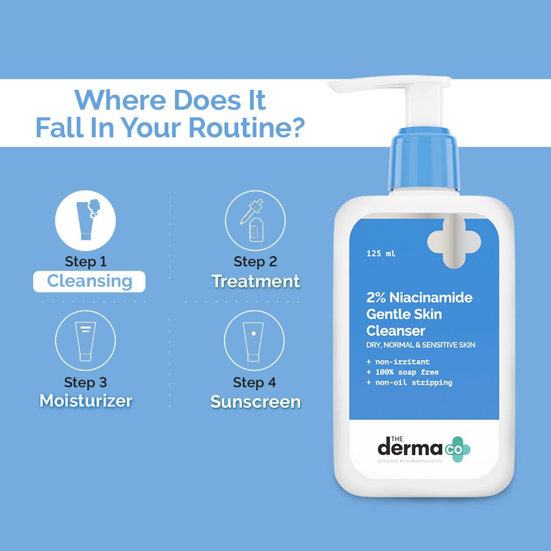 The Derma Co 2% Niacinamide Gentle Face Wash for Sensitive, Dry & Normal Skin - 125ml Soap-Free, Non-Irritating, Non-Oil Stripping Cleanser - Removes Makeup & Impurities - Perfect for Daily Skincare Routine & Post-Workout Cleansing