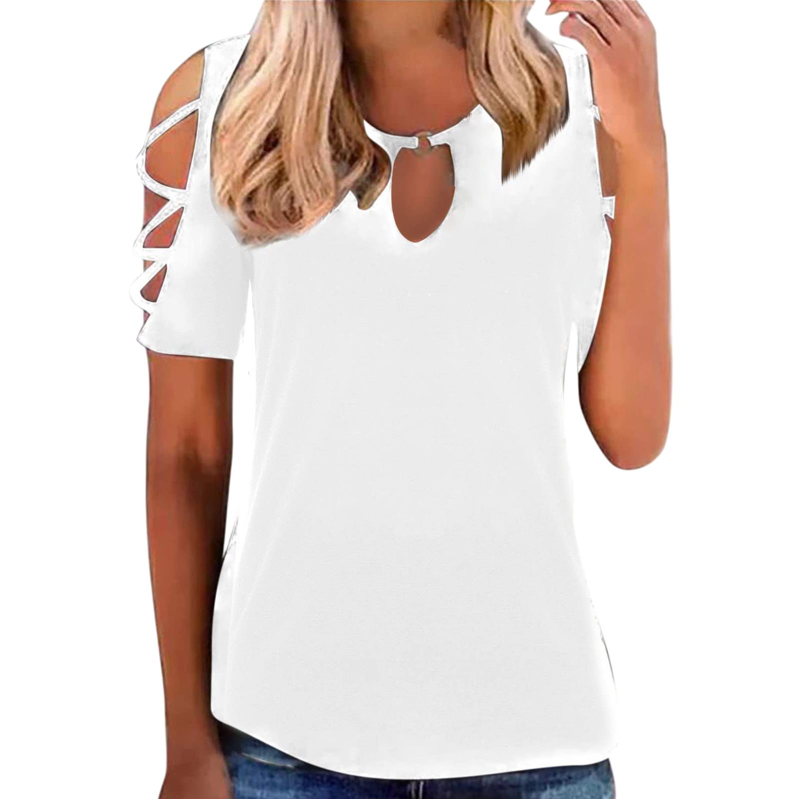 Women's Hollow Comfortable Casual Short Sleeve T-Shirts - Loose Crewneck Sexy Tee for Summer, Shoulder Cold Outfits & Sky Blue Fashion | Perfect for Beach, Date Night and Streetwear