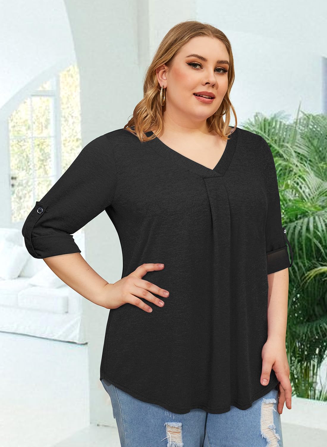 Stylish Plus Size Women's 3/4 Sleeve V-Neck Tunic Blouse - Flattering Casual Tops for Spring Summer 2025 | Perfect for Office Wear, Weekend Outings & Special Occasions
