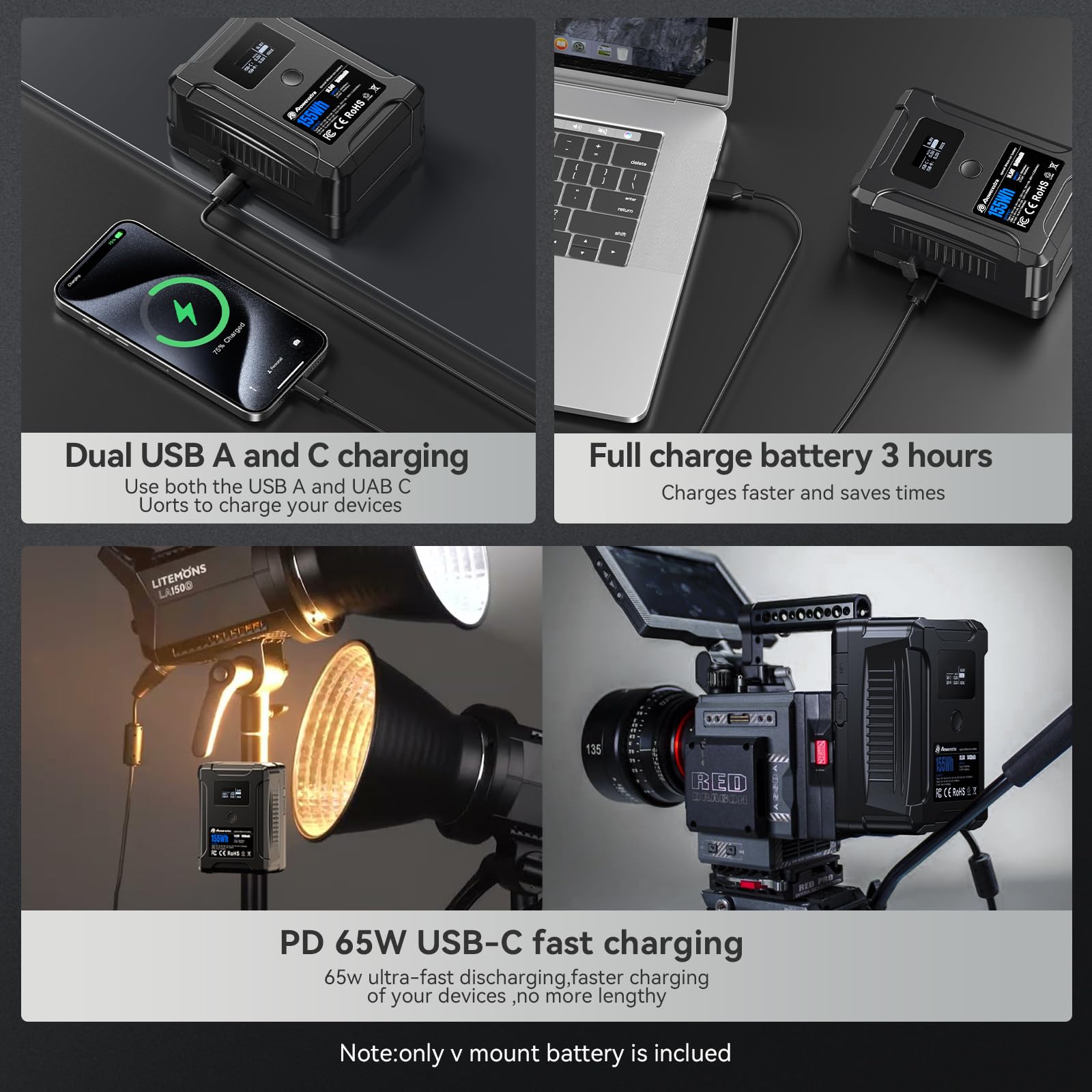 Powerextra 155Wh V Mount Battery with 65W USB-C Fast Charging | D-TAP, USB-A & Dual DC Ports | OLED Display | Compatible with Cameras, Camcorders, Video Lights & Monitors | Perfect for Professional Videography & Live Streaming