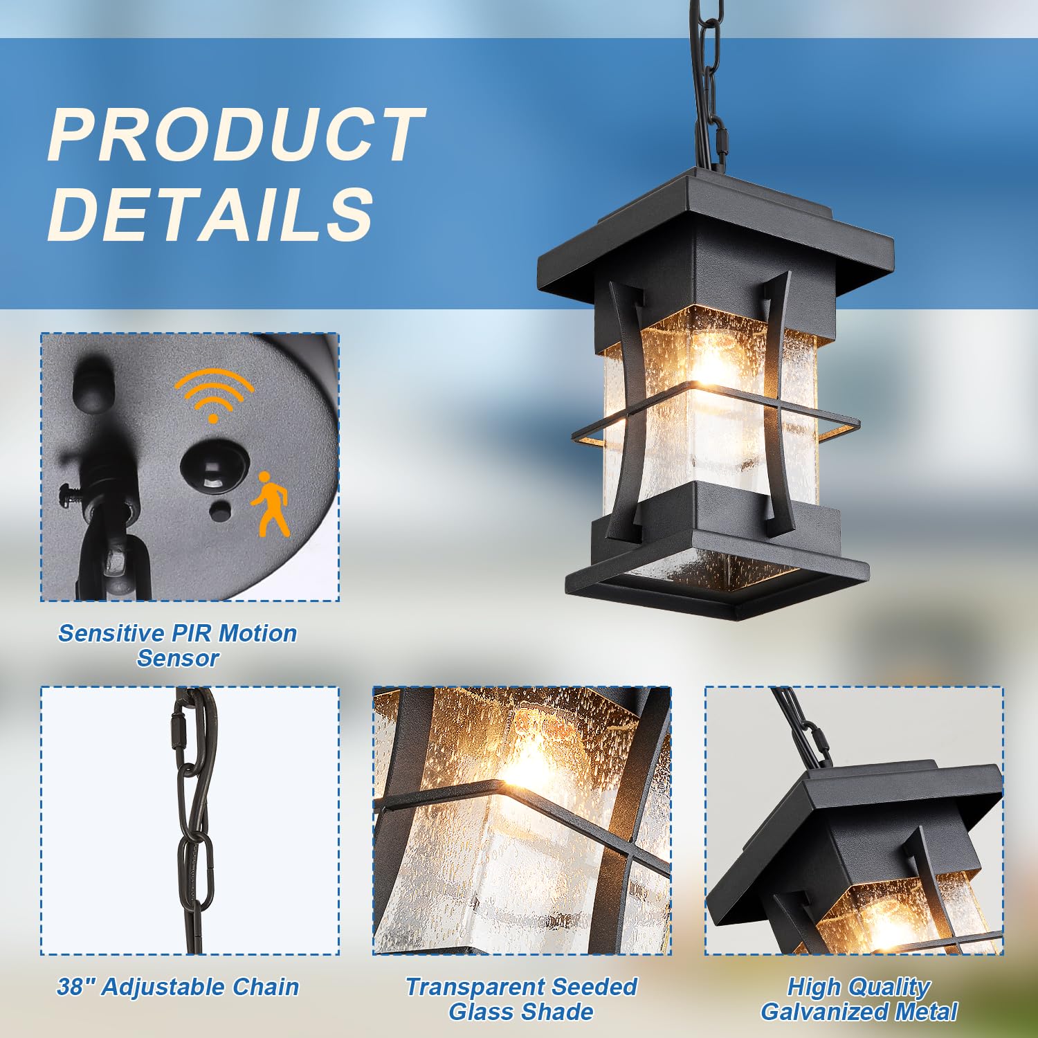 Motion Sensor Outdoor Pendant Light with Dusk to Dawn Auto On/Off - Adjustable Chain Hanging Lantern in Black with Seeded Glass - Perfect for Patio, Front Porch, Garden, and House Exterior Lighting