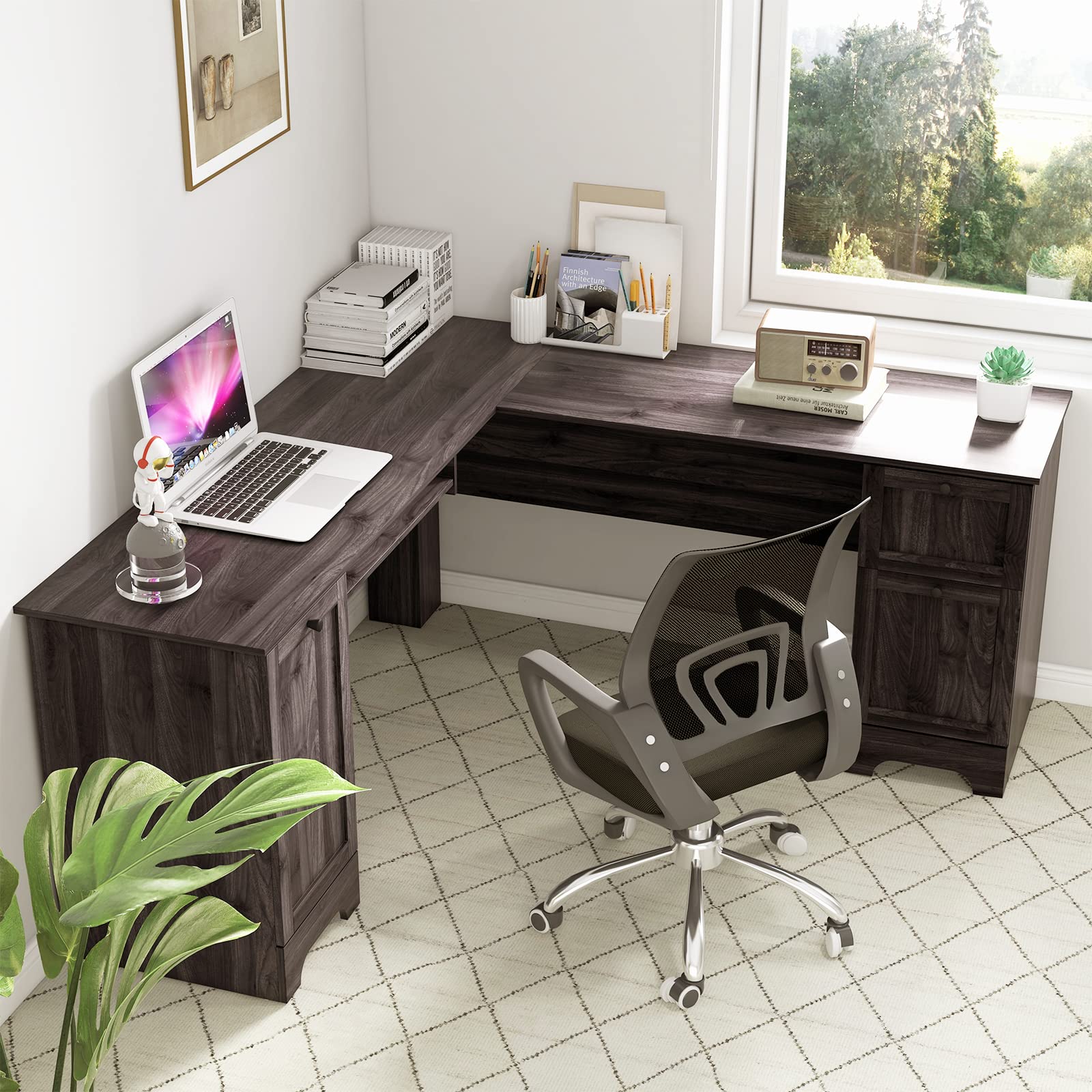 Tangkula L-Shaped Office Desk with Storage Drawers & Keyboard Tray - Home Office Corner Computer Desk with Cabinet & Adjustable Shelf - Space Saving Study Writing Workstation for Small Spaces, Gaming Setup & Remote Work