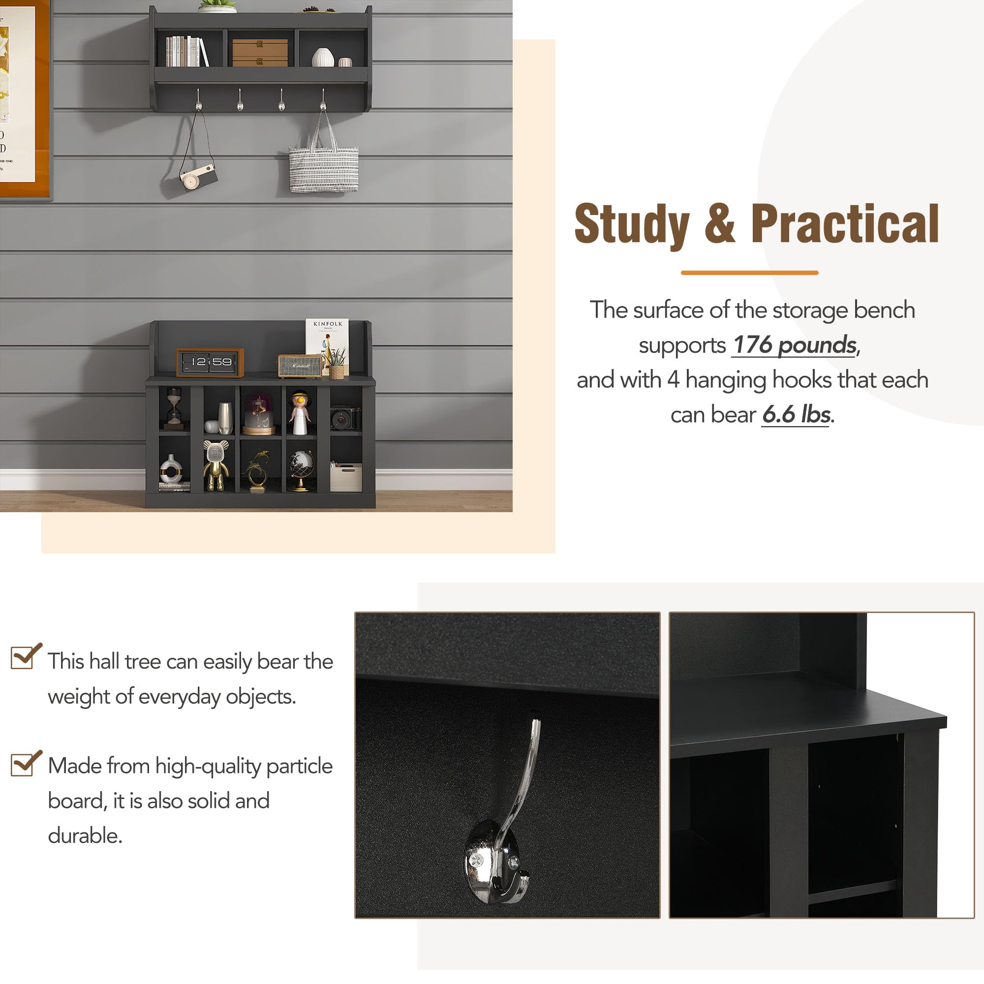 Modern Hall Tree Entryway Organizer - Coat Rack Shoe Storage Bench with Shelves & 4 Hooks, Wall Mounted Mudroom Furniture for Coats, Shoes & Accessories - Perfect for Entryways, Hallways & Small Spaces (Black)