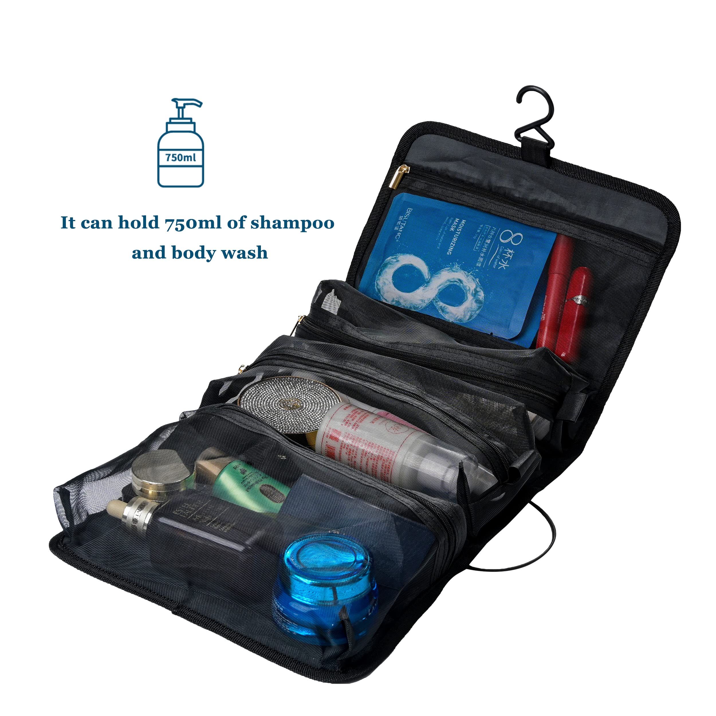 Hanging Toiletry Bag with 3 Detachable Mesh Pockets - Roll-Up Travel Cosmetic Organizer for Women & Men - Perfect for Gym, Camping & Travel - Black Makeup Bag