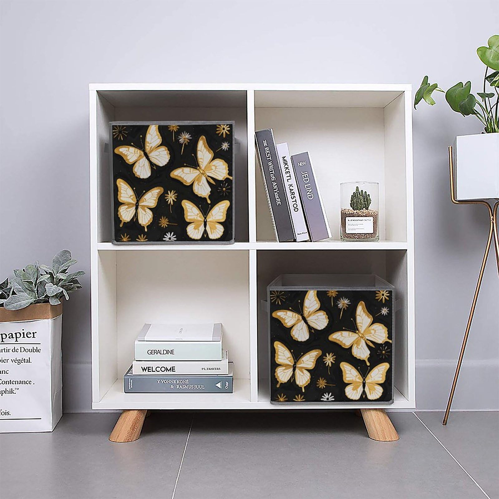 6-Piece Collapsible Storage Bins with Handles - Gold White Butterfly & Black Print Fabric Organizer Boxes for Shelves, Closet, Bathroom | Space-Saving Foldable Storage Baskets for Home Organization
