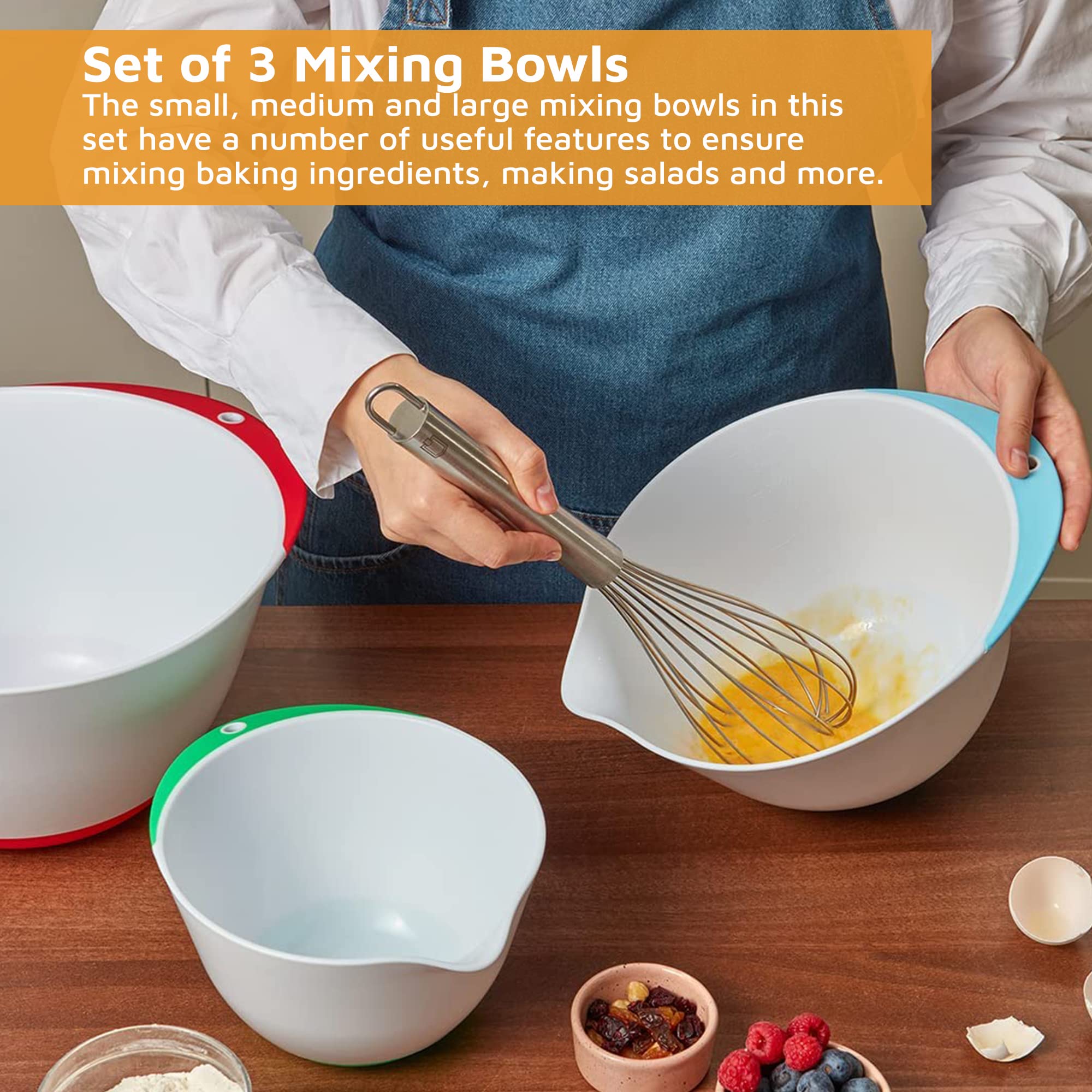 Jean-Patrique 3-Piece Plastic Mixing Bowls Set with Pour Spout & Non-Slip Base - Durable Kitchen Mixing Bowls for Baking, Cooking, Food Prep & Meal Prepping - Perfect for Mixing Dough, Whisking Eggs & Serving Salads