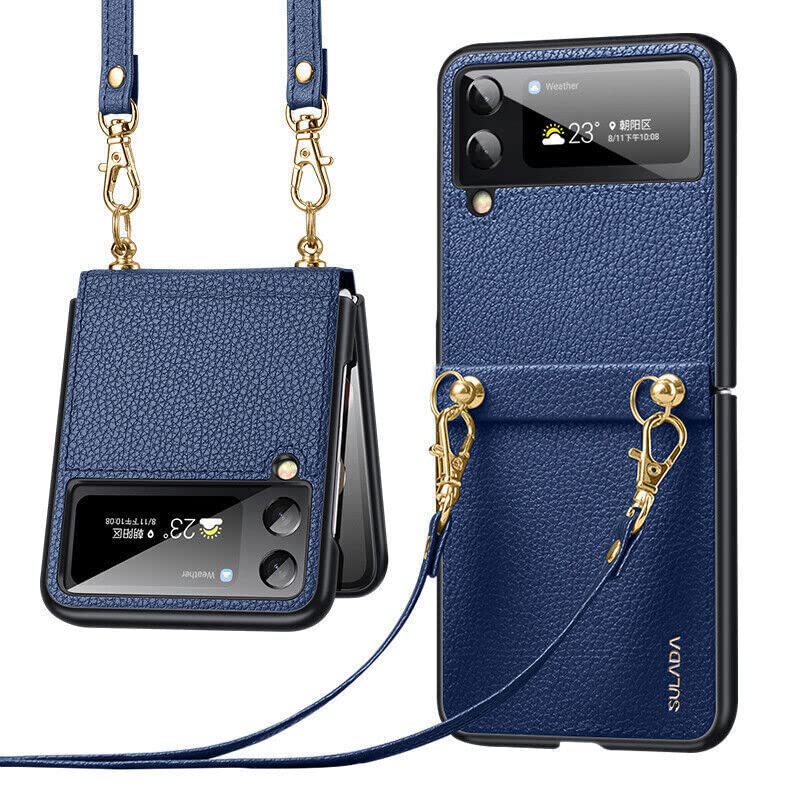 EAXER Samsung Galaxy Z Flip3 5G Case with Hinge Protection - Shockproof PU Leather Slim Protective Cover with Crossbody Strap | Compatible with Samsung Z Flip 3 (Blue) | Perfect for Daily Use, Travel & Outdoor Activities