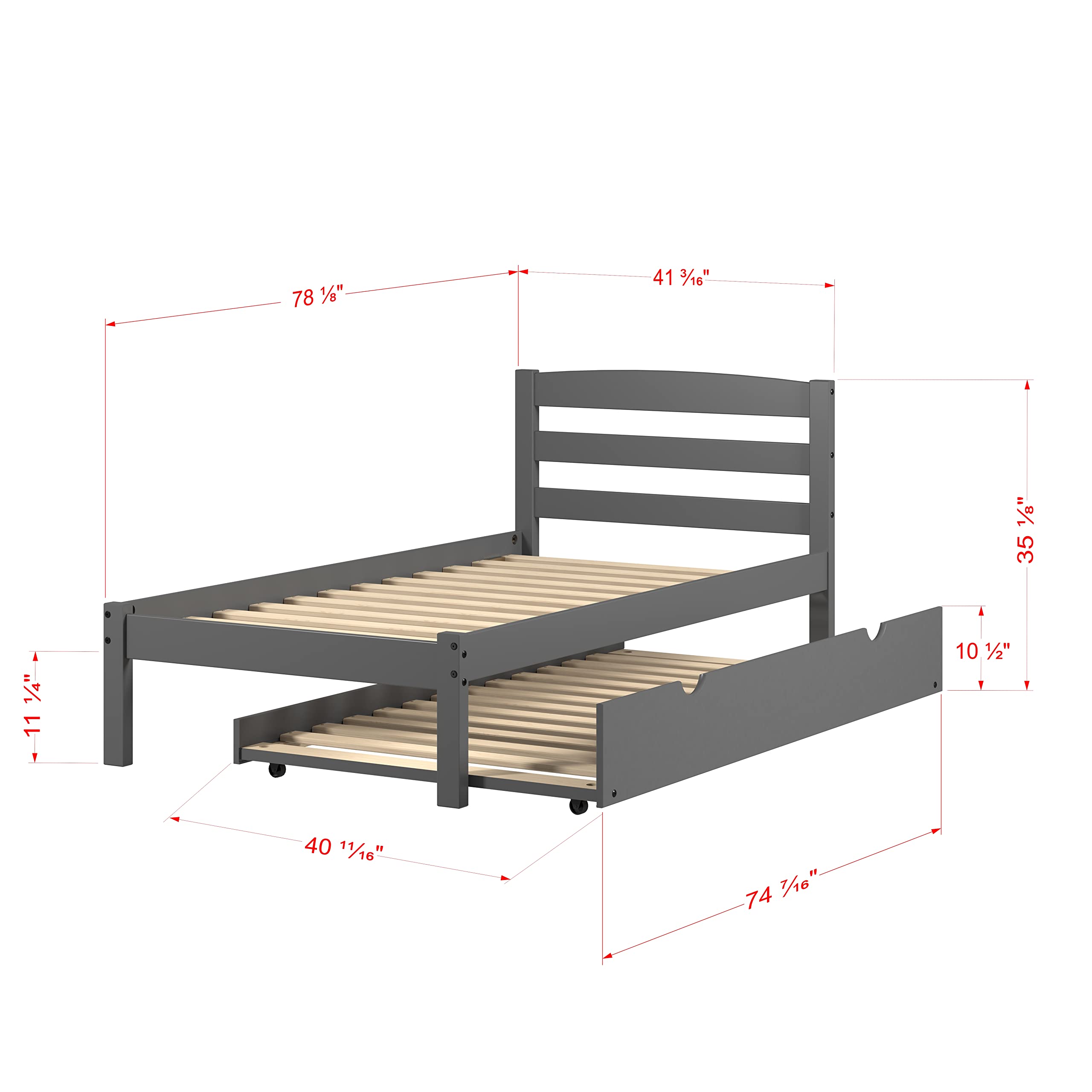 Donco Kids Twin Econo Bed with Trundle - Dark Grey Wooden Bunk Bed for Children | Space-Saving Bedroom Furniture for Small Rooms & Sleepovers