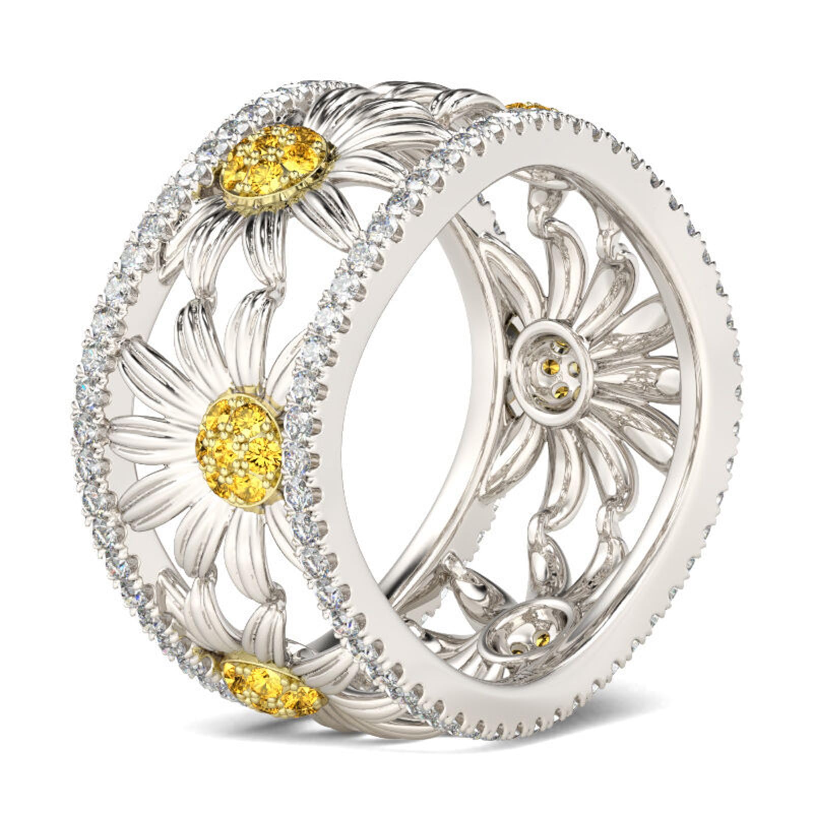 Jeulia Women's Sunflower Band Ring - S925 Sterling Silver Yellow Diamond Hollow Curved Promise Ring for Anniversary, Birthday, Valentine's Day Gift | Perfect for Everyday Wear, Date Night & Special Occasions