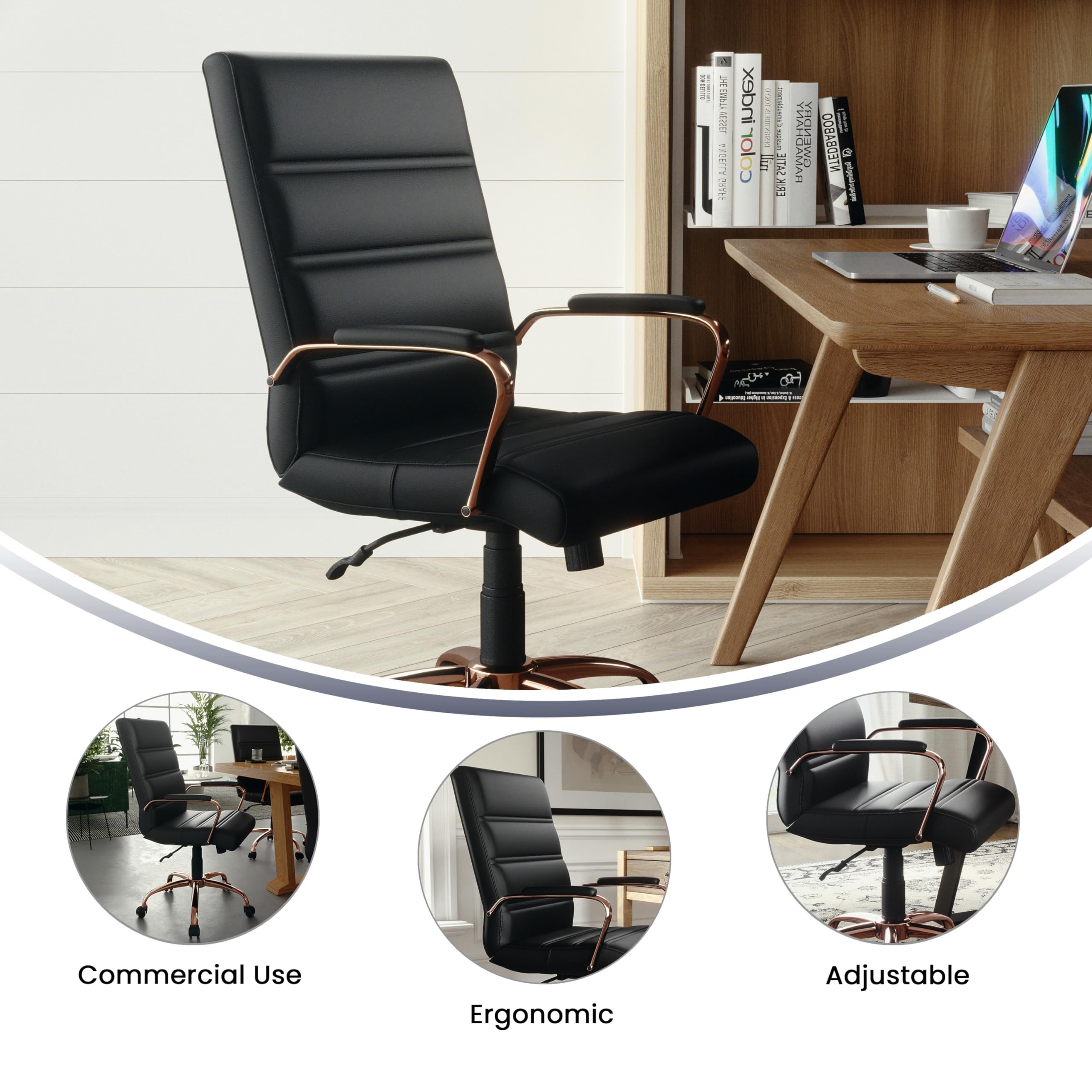 Flash Furniture Whitney Mid-Back Swivel LeatherSoft Office Chair with Adjustable Height, Padded Seat & Armrests - Ergonomic Desk Chair for Home & Office Workspace - Black/Rose Gold