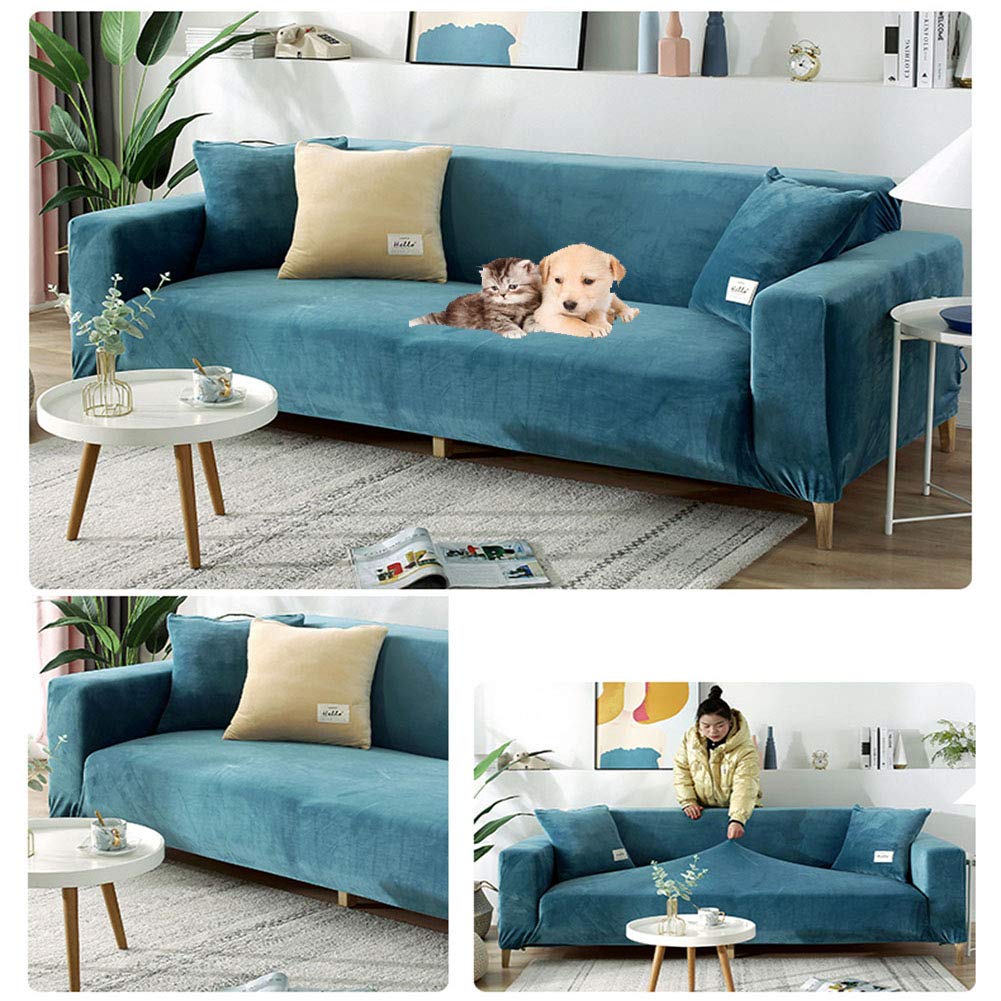 Elastic Stretch Sofa Slipcover - Universal Washable Velvet Couch Cover for 3 Seater, Blue | Furniture Protector for Living Room, Home Decor & Pet-Friendly Use
