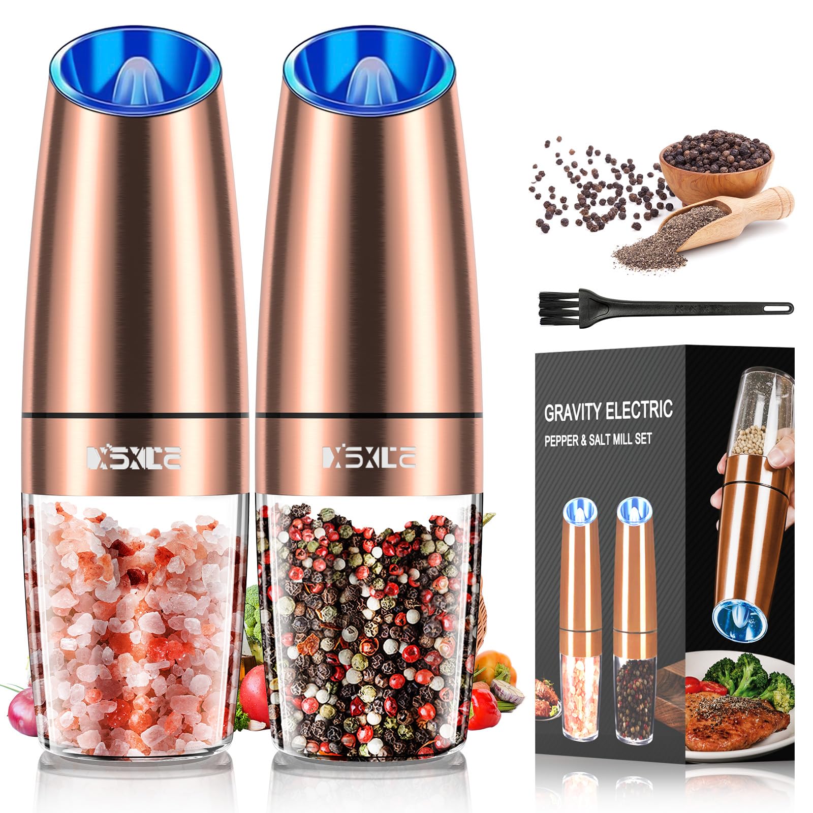 Premium Automatic Electric Pepper and Salt Grinder Set - Stainless Steel Adjustable Coarseness Mill with Blue LED Light, One-Hand Operation - Perfect for Kitchen, Dining Table, BBQ, Camping & Gifting
