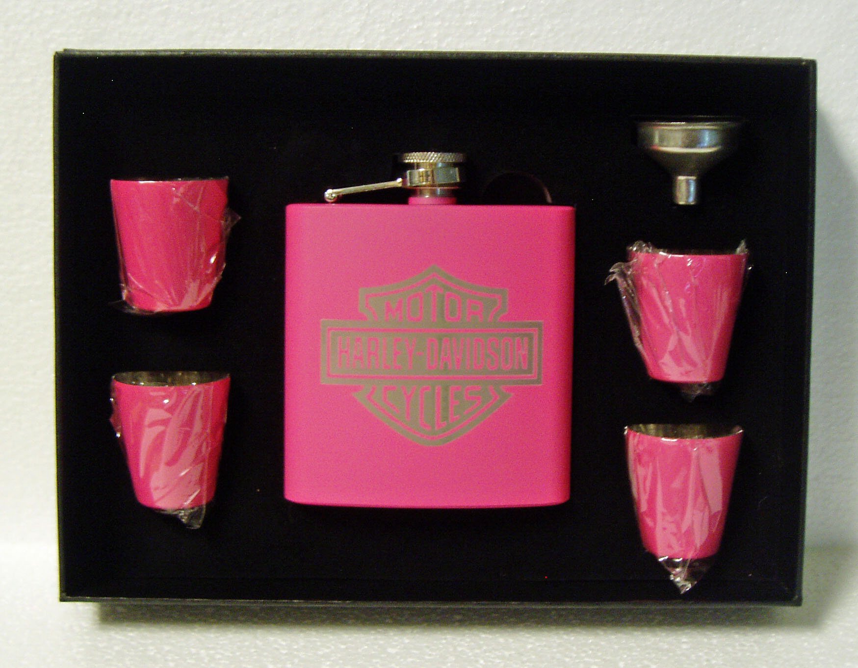 Harley Davidson Pink 6 oz Stainless Steel Flask Set with 4 Shot Glasses & Funnel - Black Gift Box | Perfect for Biker Gifts, Birthday Presents & Outdoor Adventures