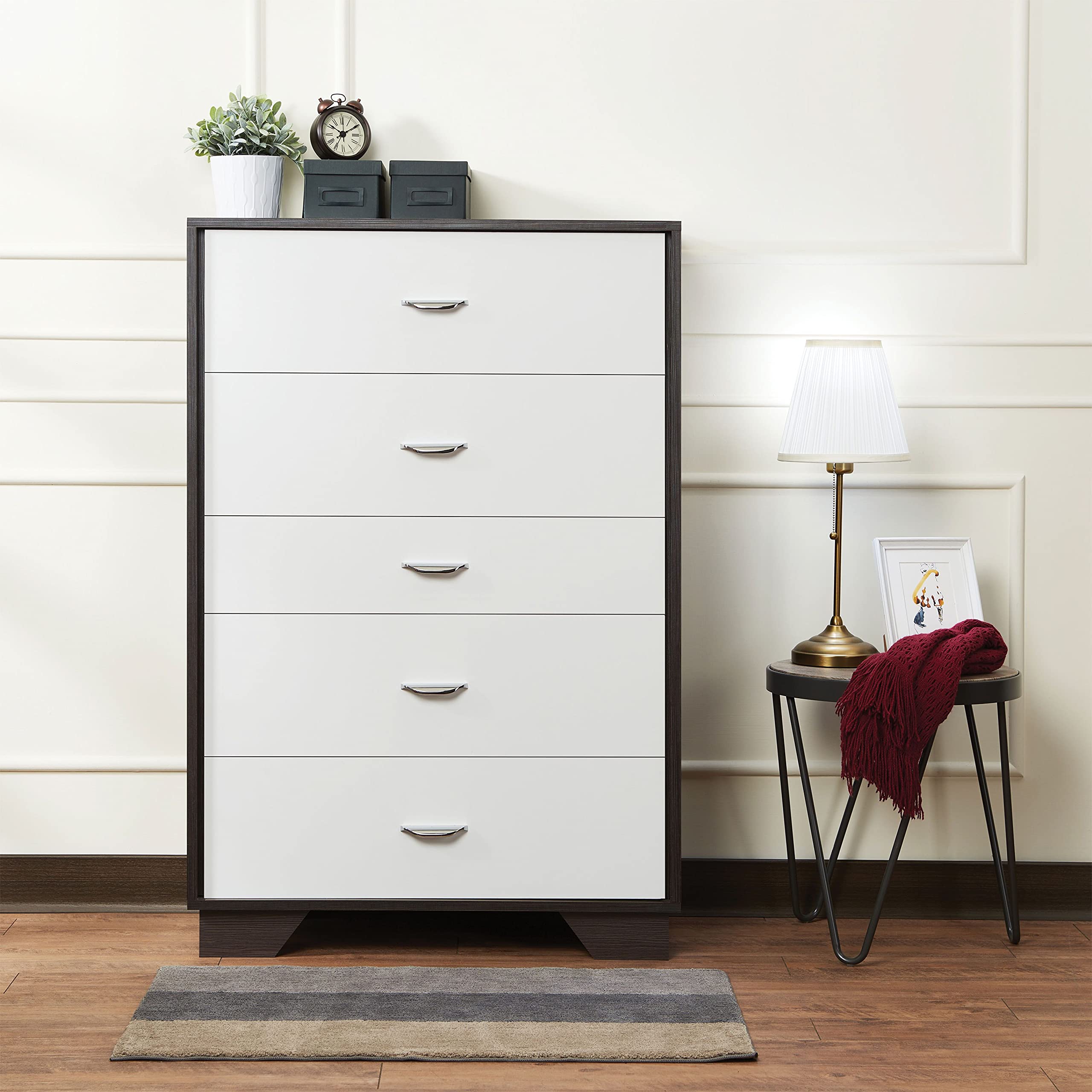 Modern 5-Drawer Dresser - White Wood Storage Cabinet with Metal Handles for Bedroom, Closet & Living Room | Space-Saving Organizer for Clothes, Toys & Home Essentials
