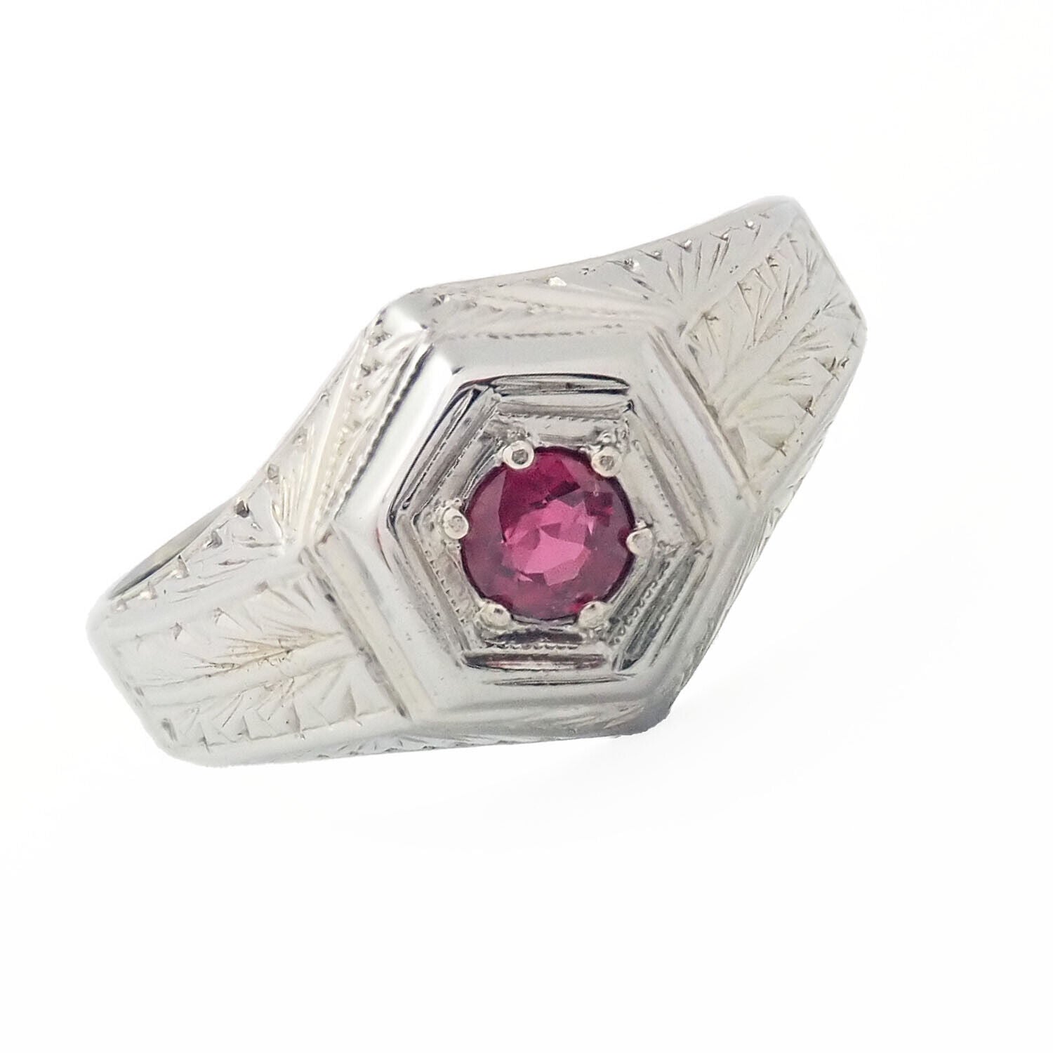 Vintage 18K White Gold Ruby Art Deco Ring - Elegant Antique Jewelry for Women, Perfect for Weddings, Anniversaries & Special Occasions
