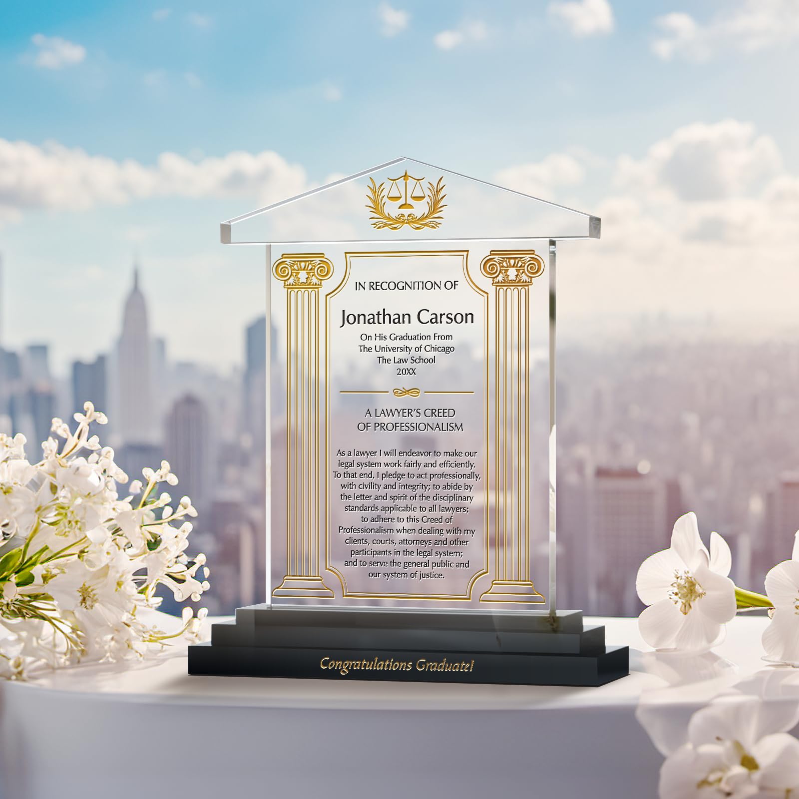 Custom Personalized Law School Graduation Gift for Lawyers - Engraved with Lawyer's Creed, Name, Degree & School Details - Unique Graduation Present for Son, Boyfriend or Husband (S-9