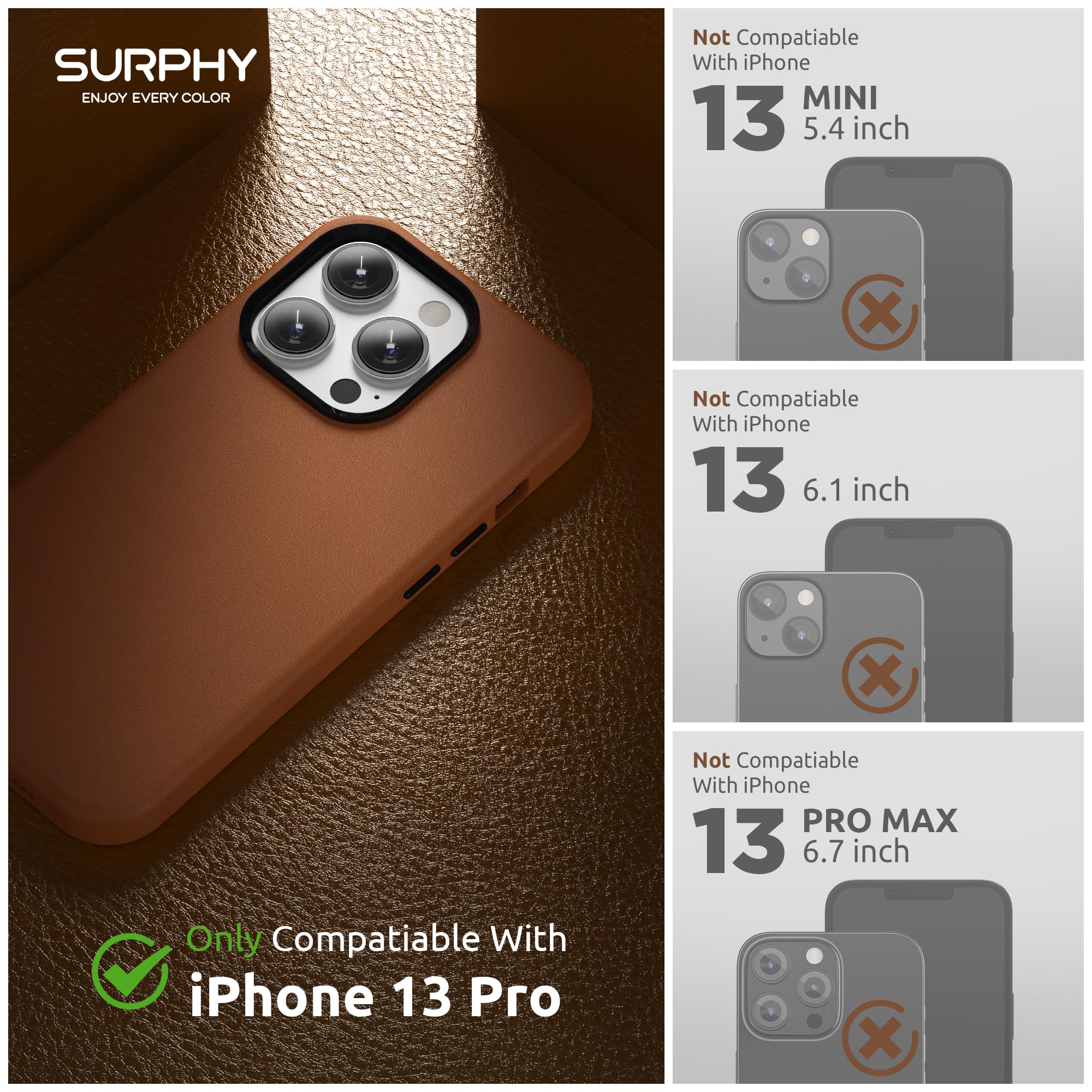 Premium Faux Leather iPhone 13 Pro Case (6.1 inch 2021) - SURPHY Slim Protective Phone Cover with Metallic Buttons & Soft Microfiber Lining | Perfect for Work, Travel & Everyday Use (Brown)