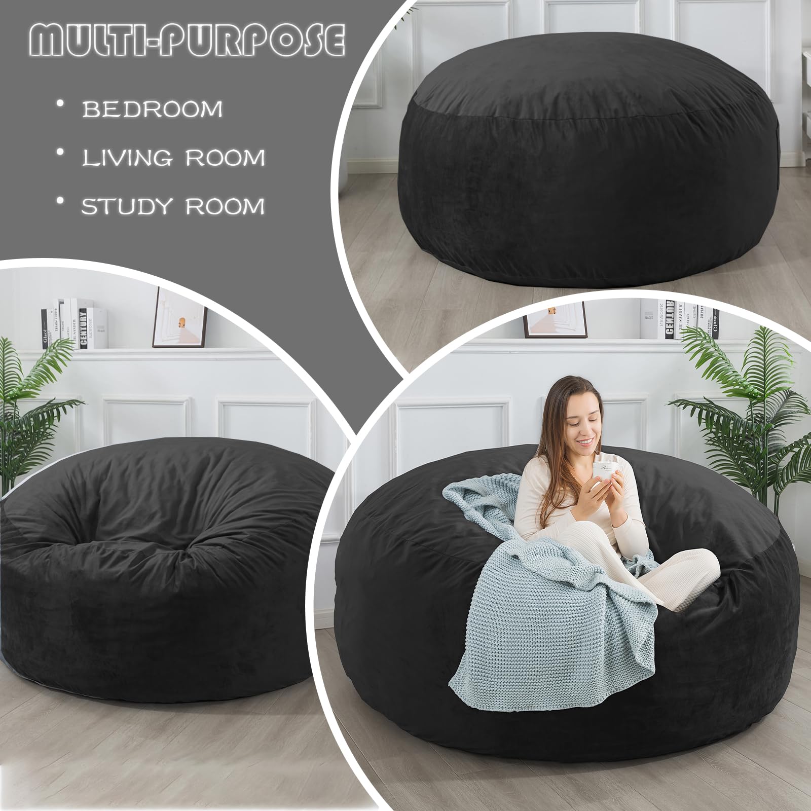 **WhatsBedding Medium Bean Bag Chair for Adults - Adjustable Foam Filling, Dutch Velvet Cover, Soft Fabric - 3 Foot Black - Perfect for Living Room, Bedroom, Game Room & Relaxation**