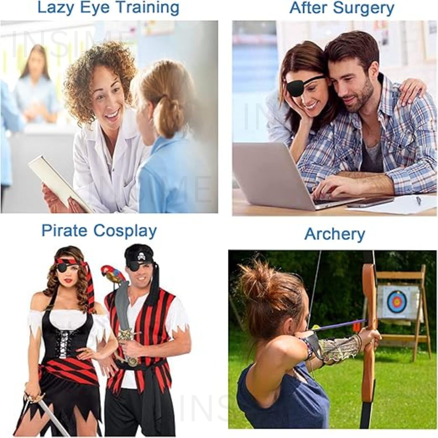 INSIME Adjustable Pirate Eye Patch for Kids - Soft 3D Groove Design for Left or Right Eyes - Lazy Eye Treatment & Amblyopia Therapy - Perfect for Halloween Costumes & Dress-Up Play (Pack of 2)
